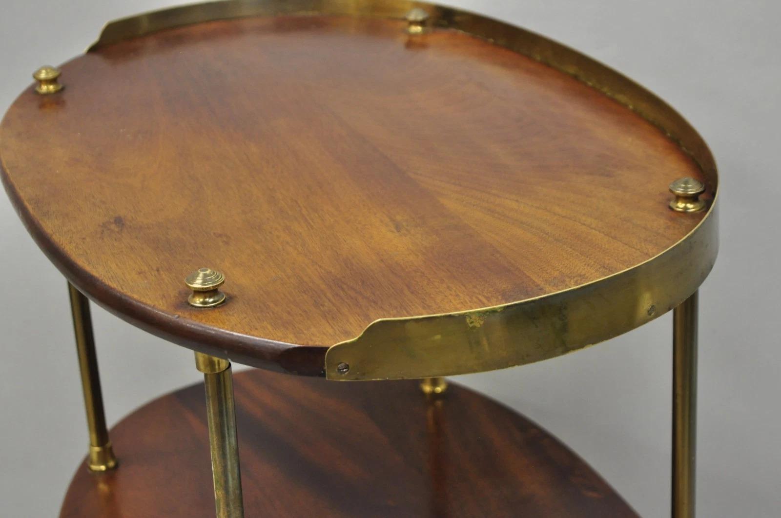 20th Century English Campaign Style Mahogany & Brass Oval 3 Tier Rolling Bar Cart Side Table For Sale