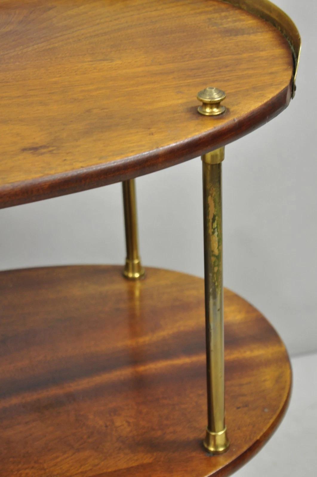 English Campaign Style Mahogany & Brass Oval 3 Tier Rolling Bar Cart Side Table For Sale 3