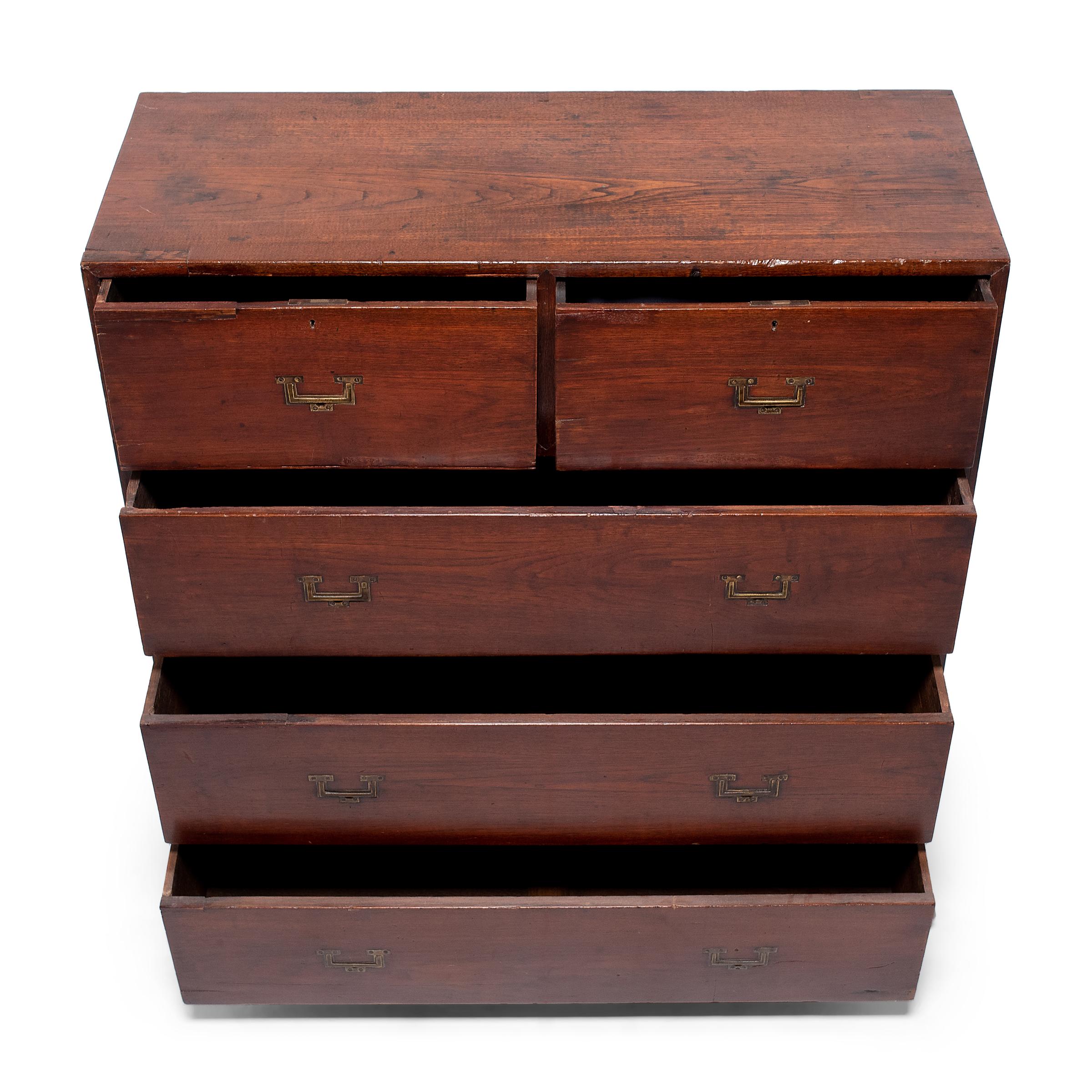 Brass English Campaign Style Mahogany Stacking Chest of Drawers, c. 1900