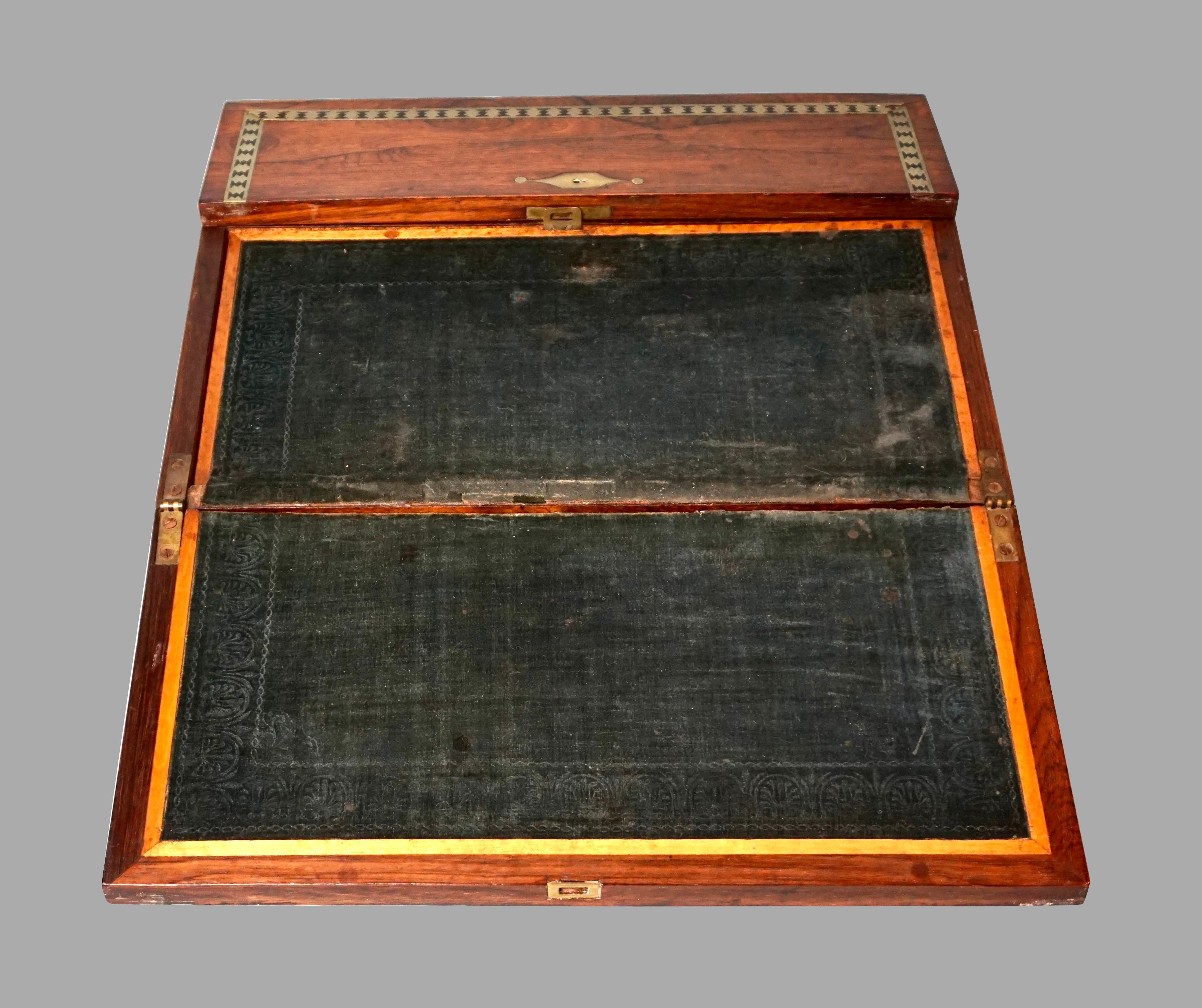 19th Century English Campaign Style Rosewood Brass Inlaid Lap Desk, circa 1850 For Sale