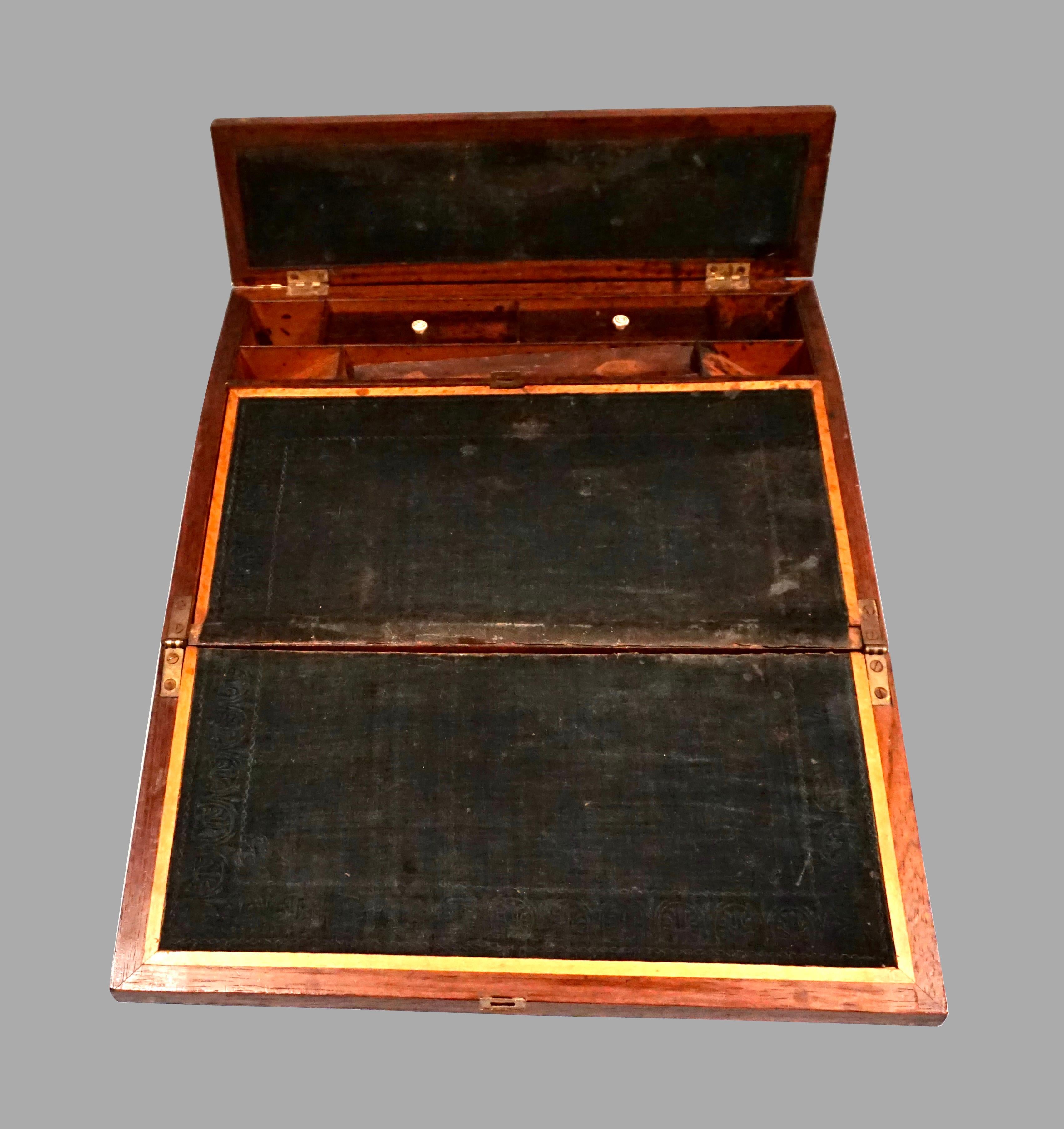 English Campaign Style Rosewood Brass Inlaid Lap Desk, circa 1850 For Sale 1