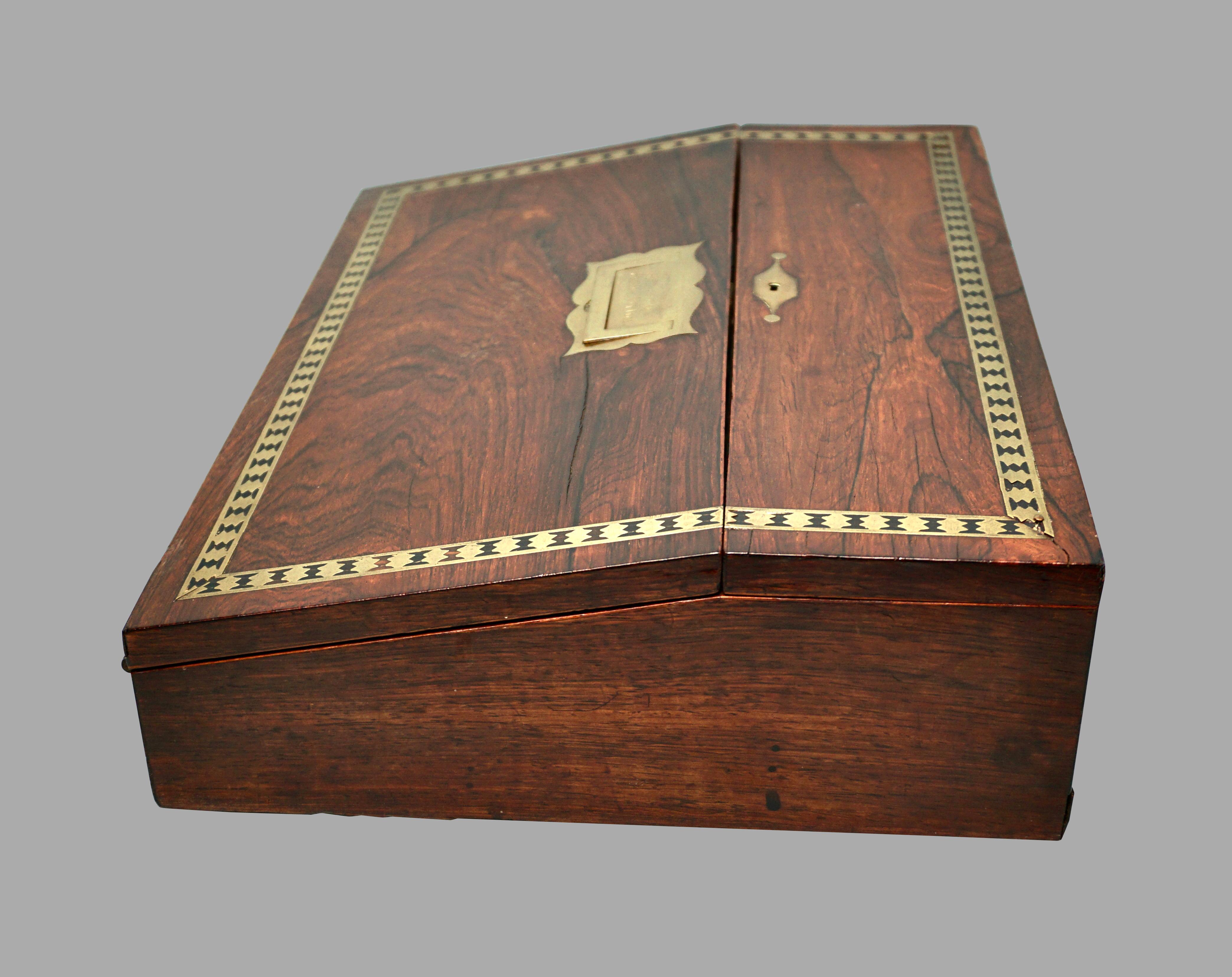 English Campaign Style Rosewood Brass Inlaid Lap Desk, circa 1850 For Sale 4