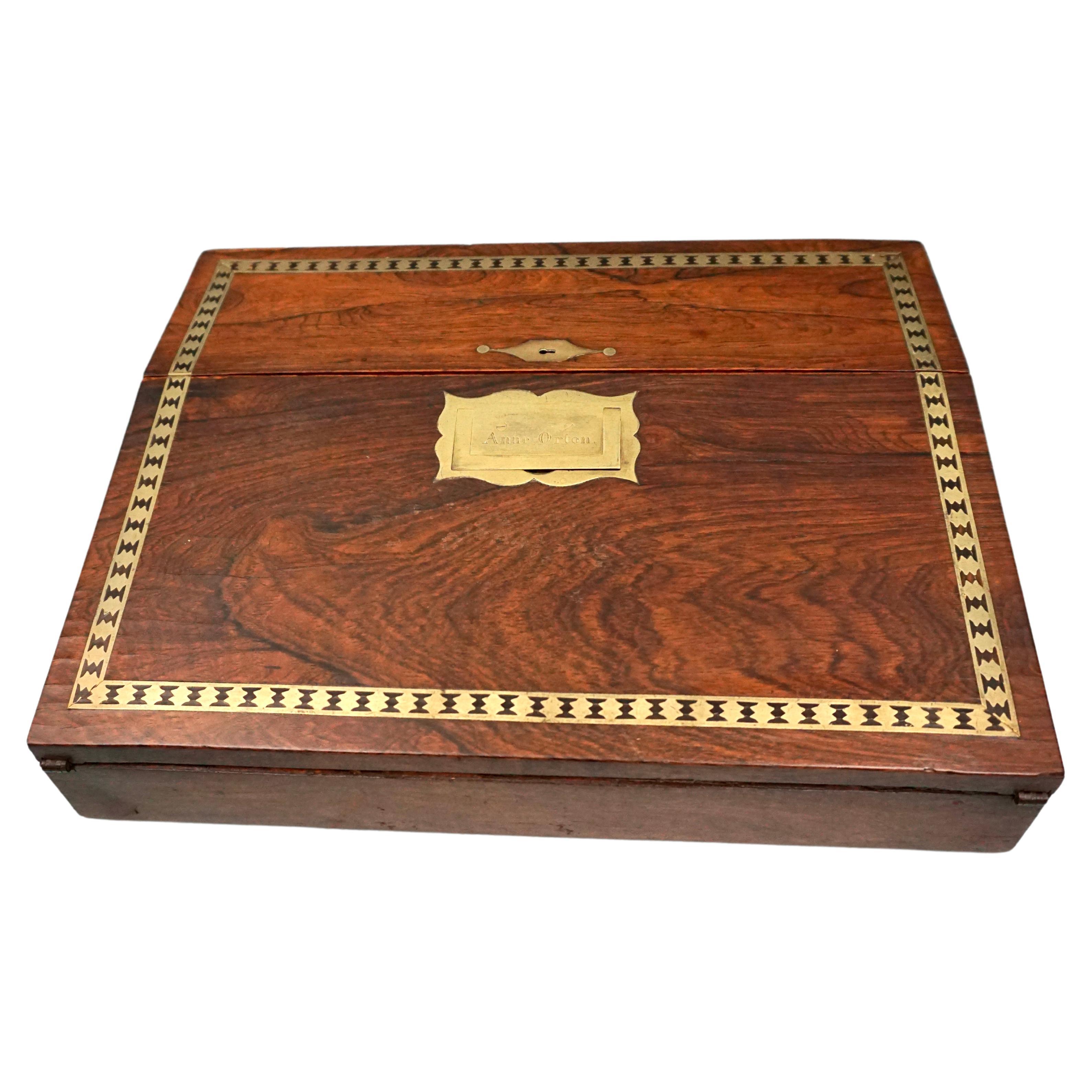 English Campaign Style Rosewood Brass Inlaid Lap Desk, circa 1850 For Sale