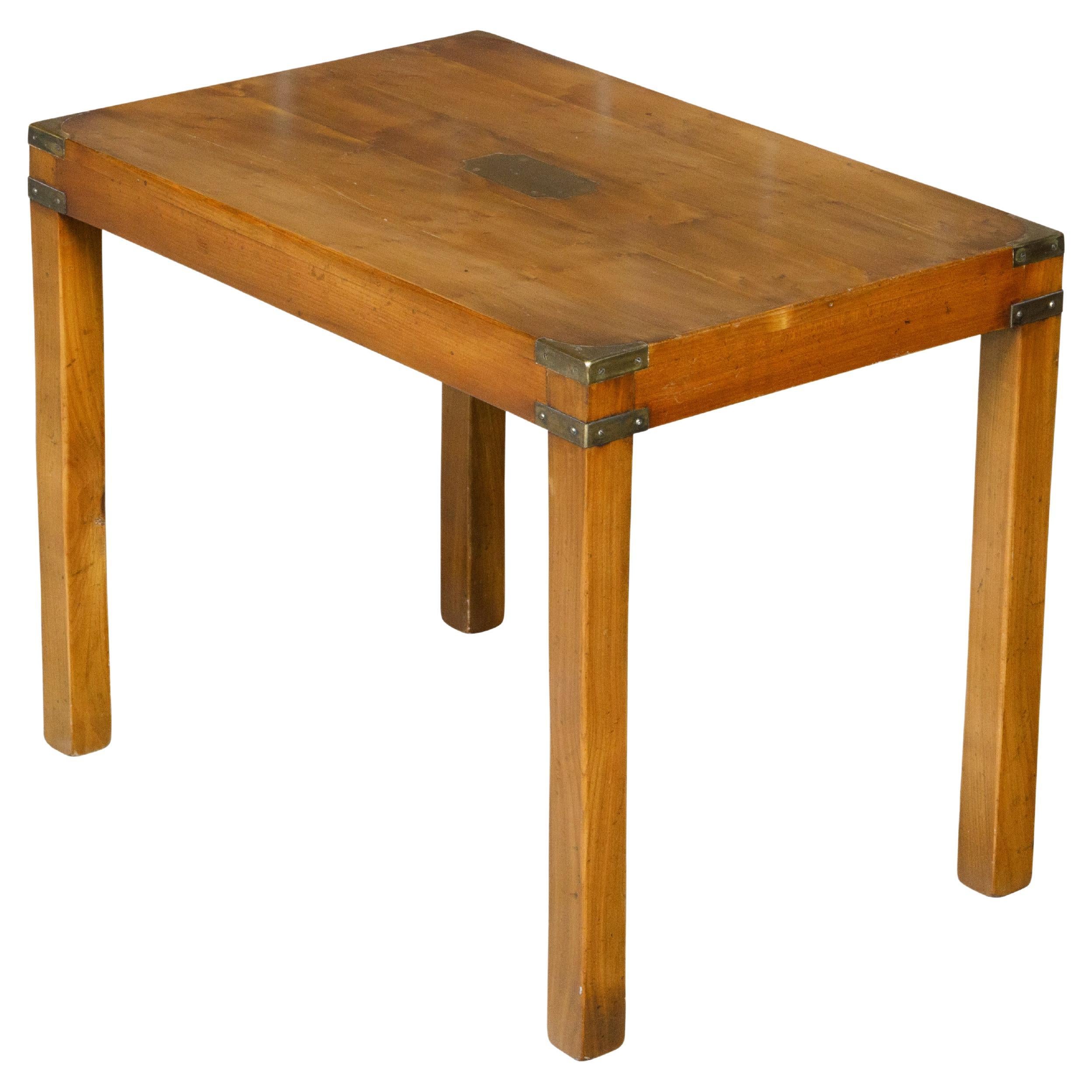English Campaign Yew Wood 1920s Side Table with Brass Accents and Straight Legs For Sale