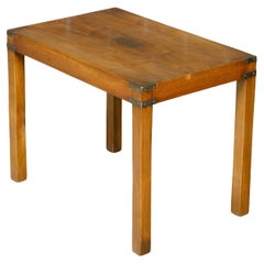 English Campaign Yew Wood 1920s Side Table with Brass Accents and Straight Legs