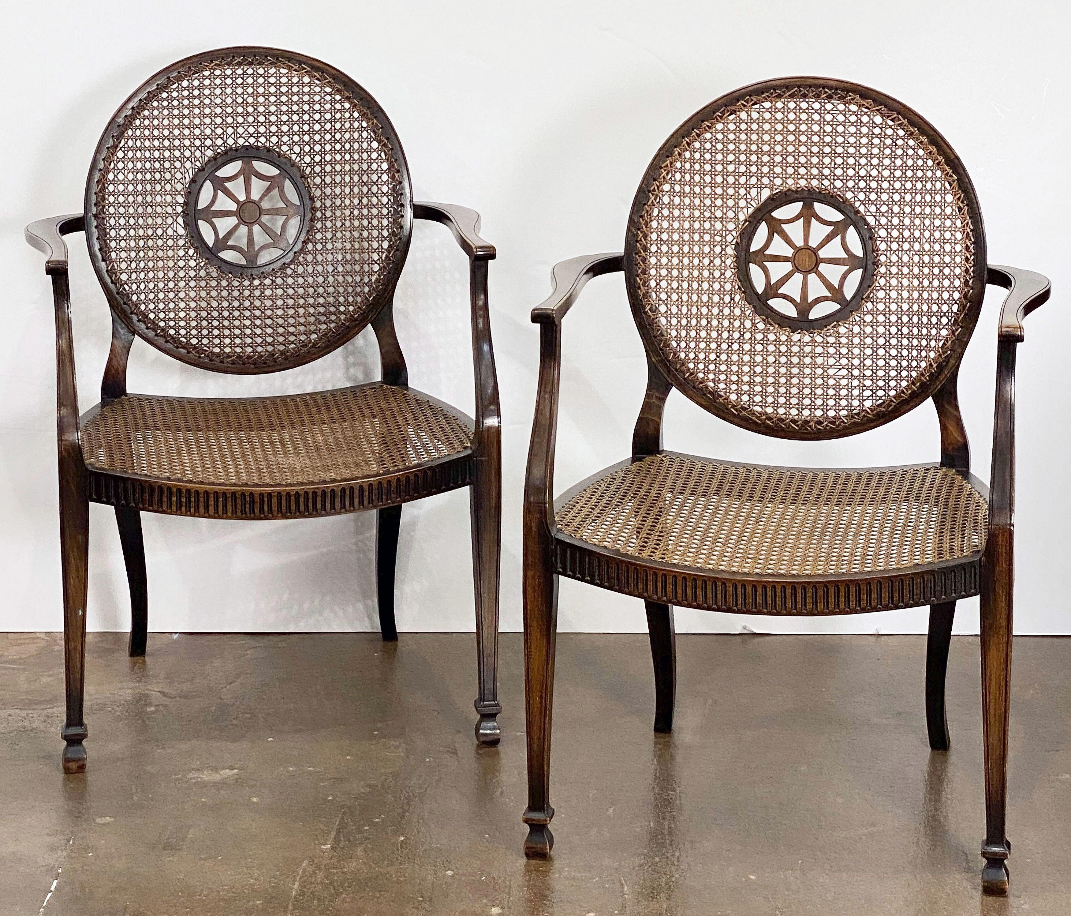 Woven English Caned Bergere Armchairs of Mahogany, Individually Priced