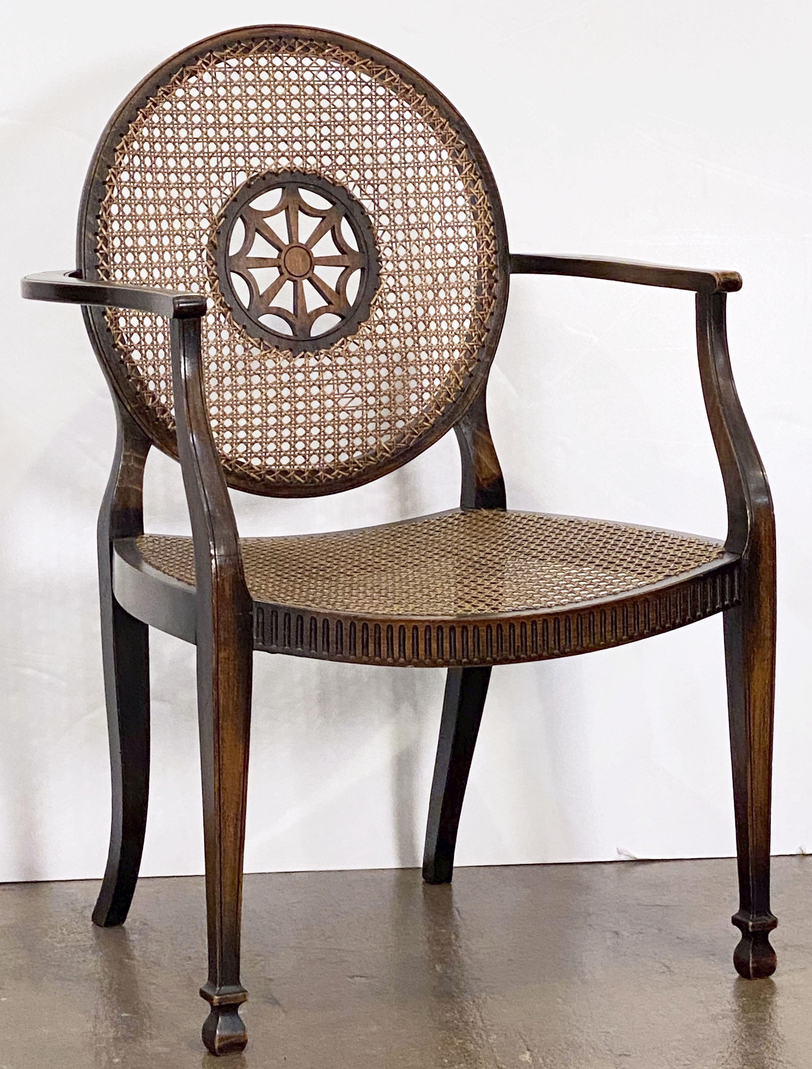 English Caned Bergere Armchairs of Mahogany, Individually Priced In Good Condition In Austin, TX