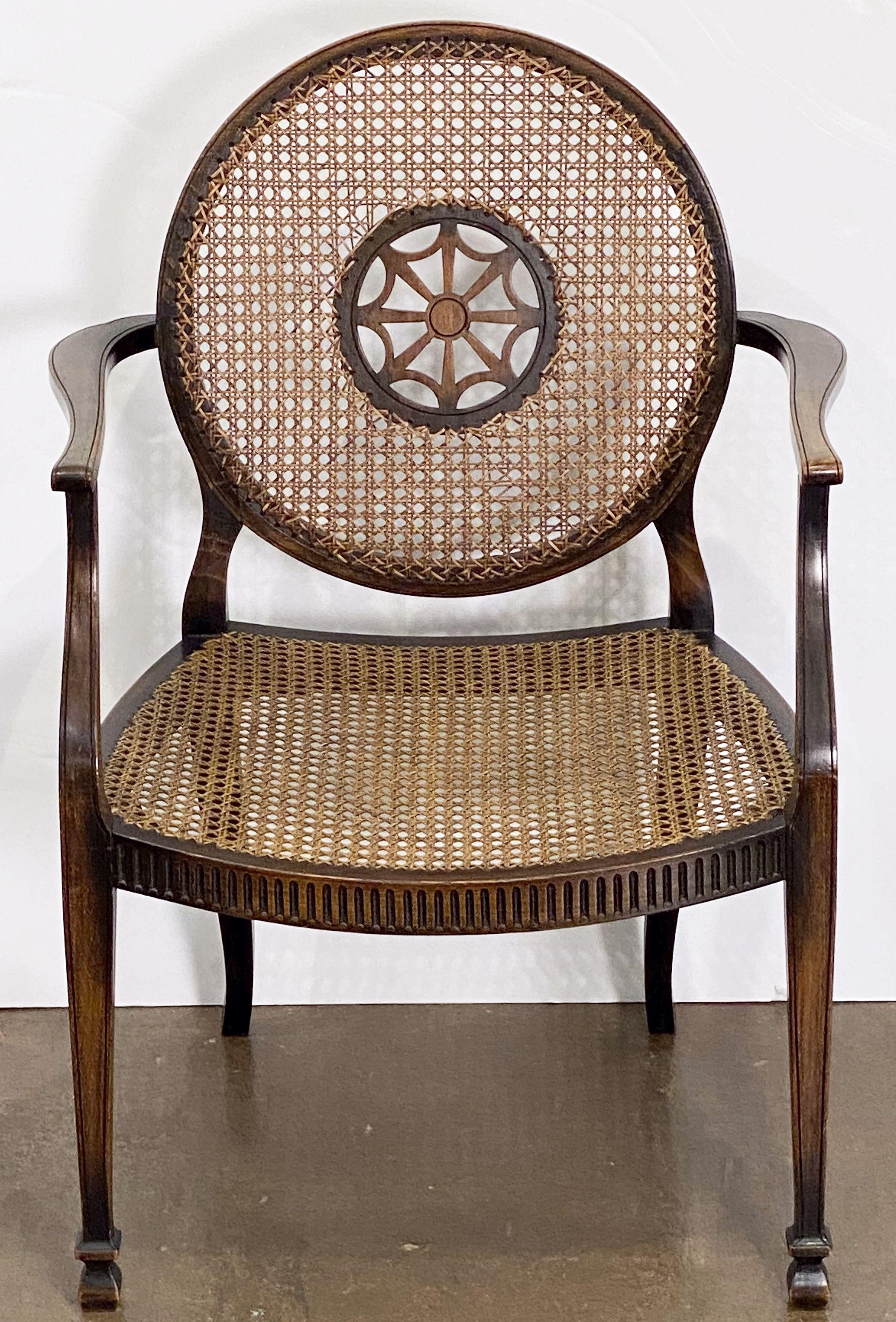 English Caned Bergere Armchairs of Mahogany, Individually Priced 2