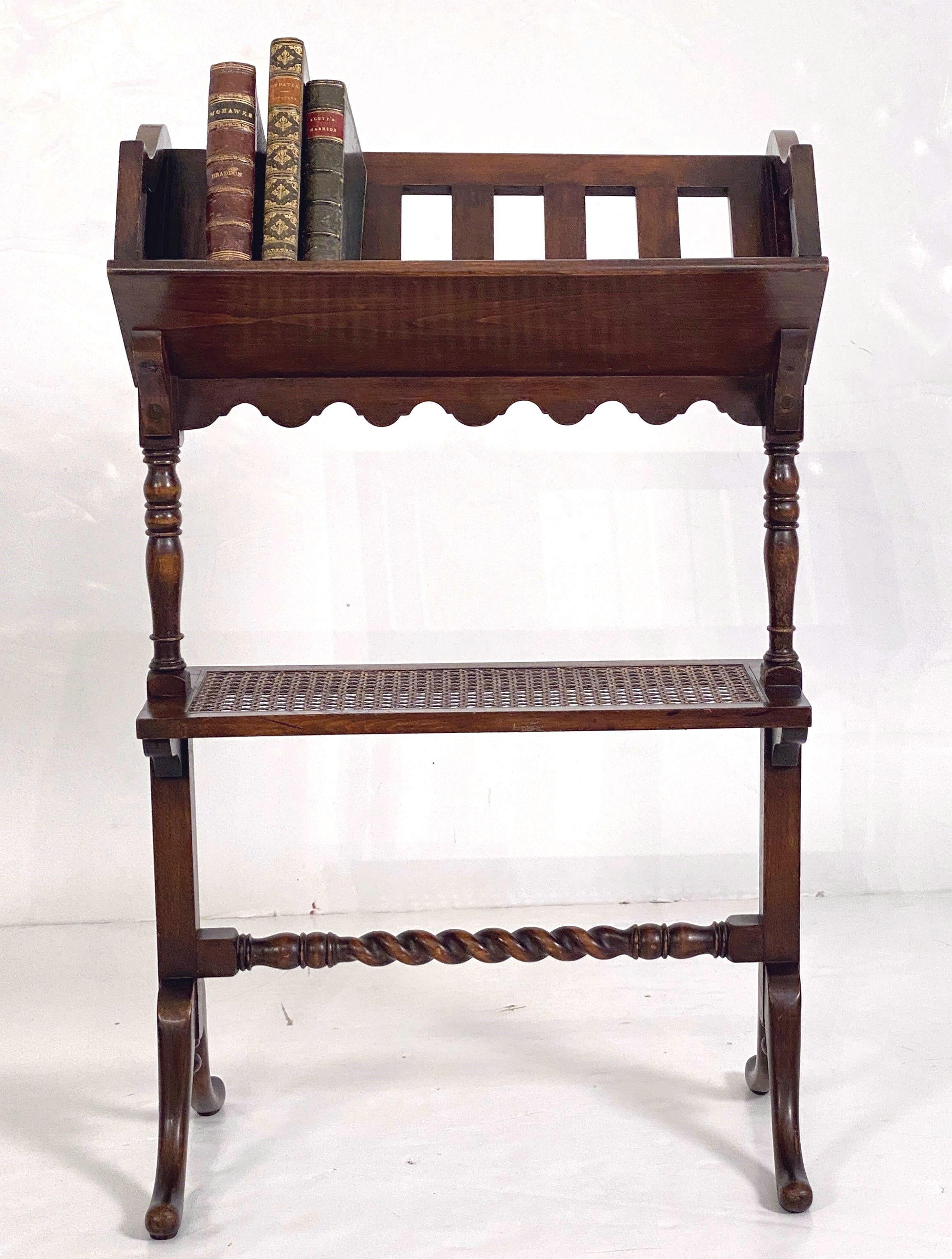 Turned English Caned Bergere Book Trough on Stand of Beechwood from the Edwardian Era For Sale