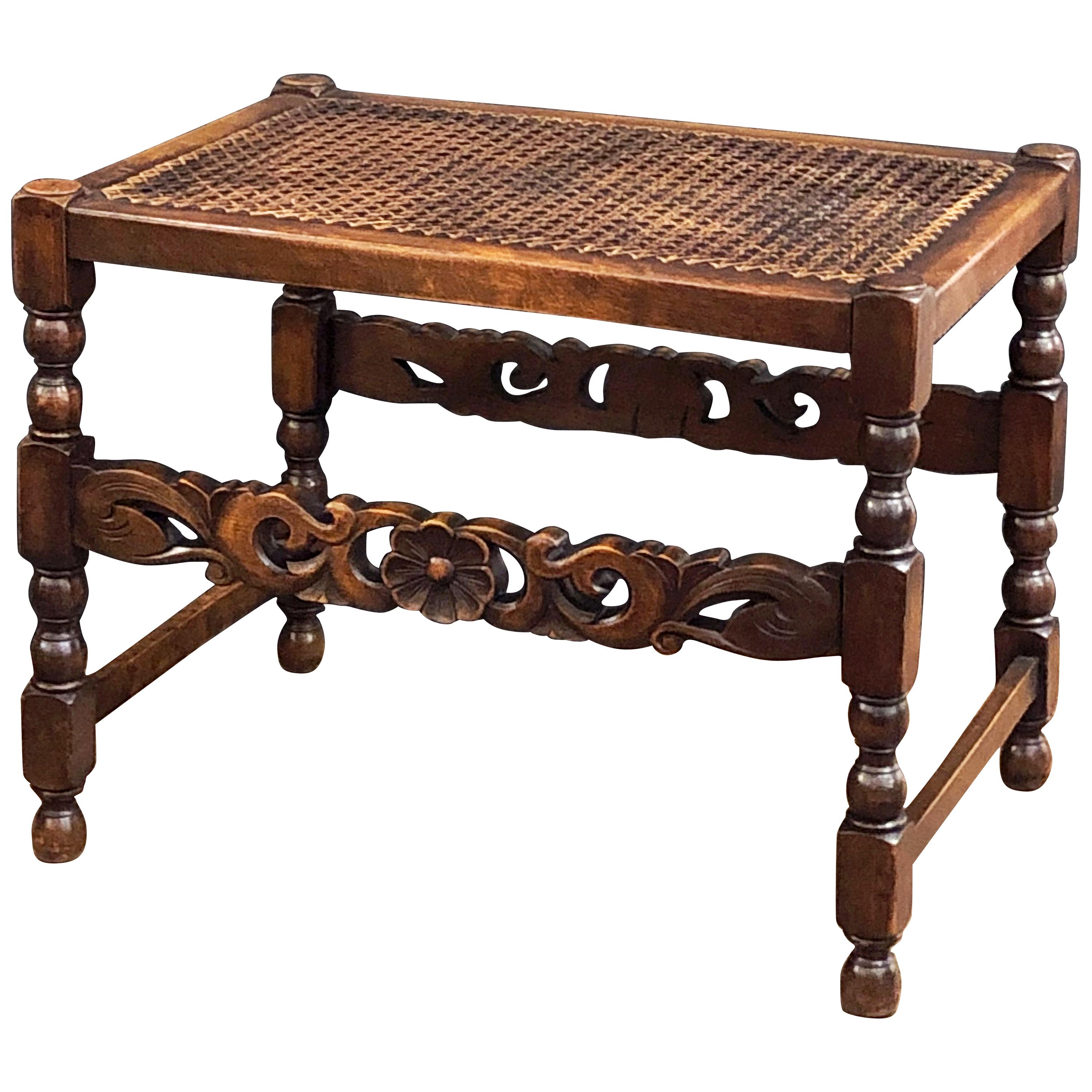 English Caned Bergere Seat or Bench with Carved Wood Stretcher