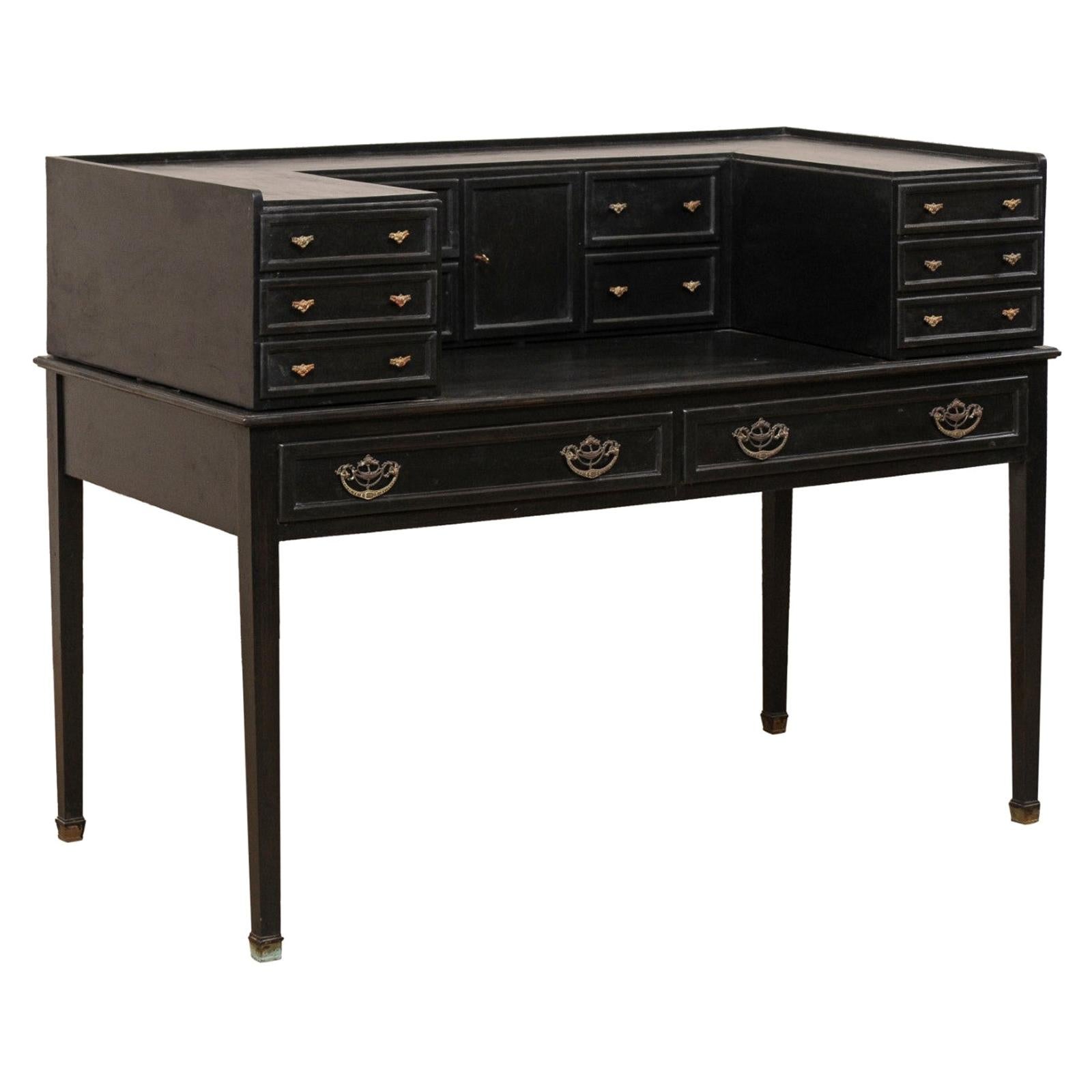 English Carlton House Desk in Black Finish with Great Storage Early 20th Century