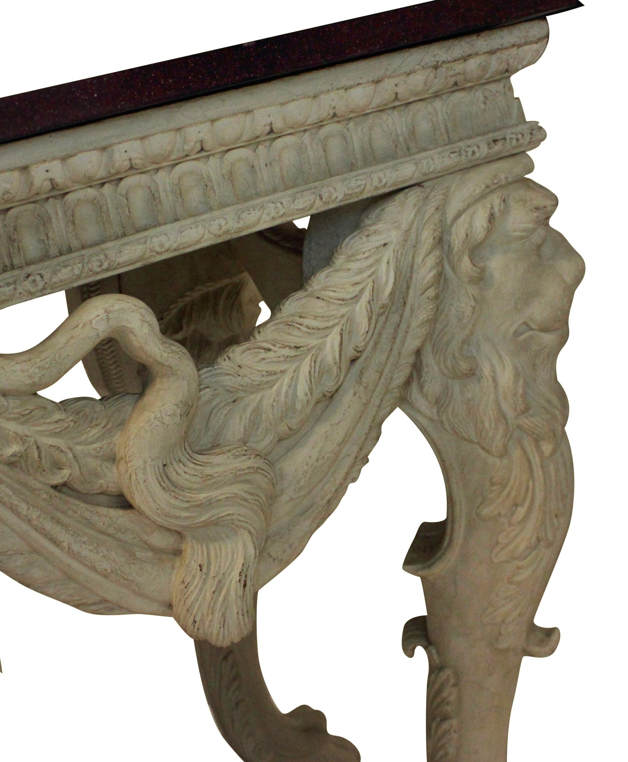 Country English Carved and Painted Mahogany Console Table with a Solid Porphyry Top