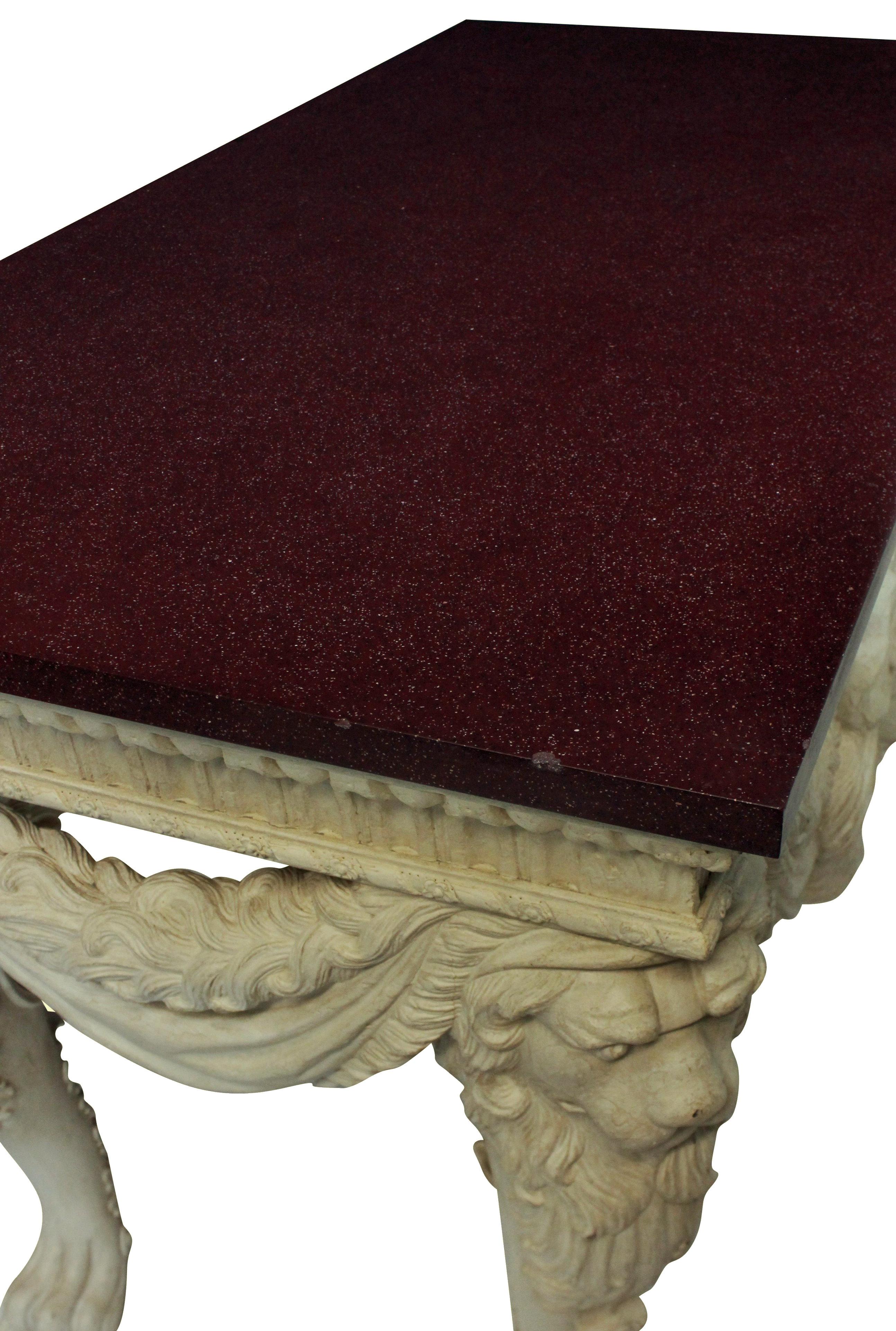 Early 20th Century English Carved and Painted Mahogany Console Table with a Solid Porphyry Top