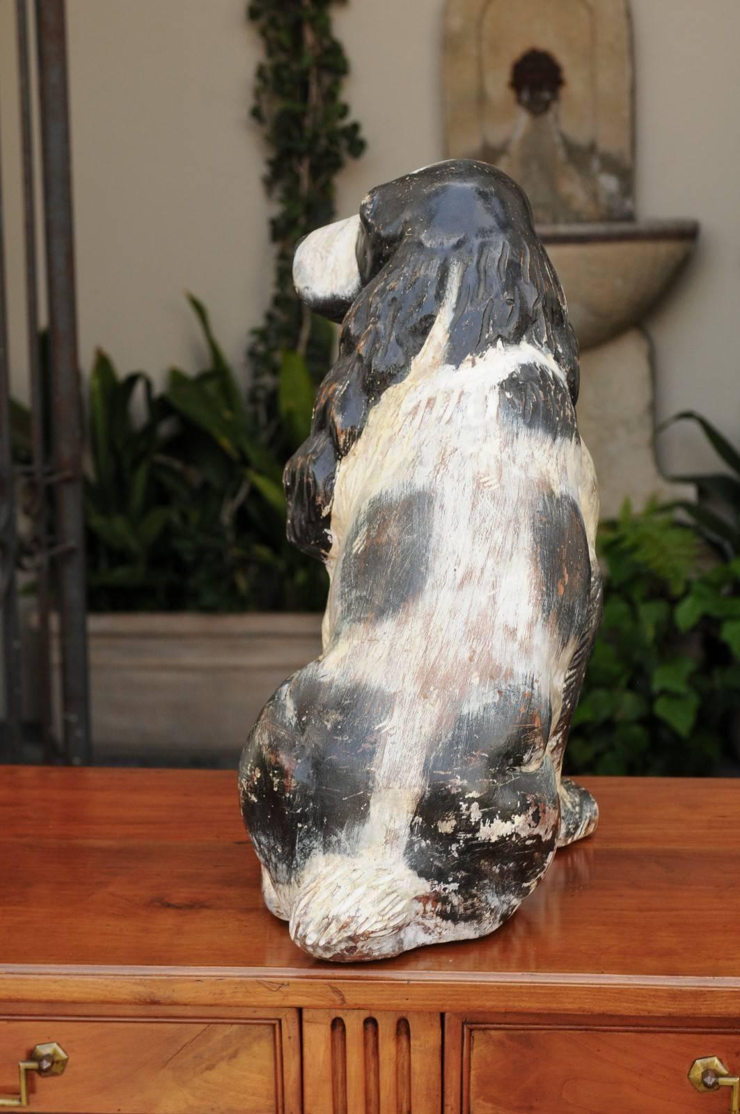 20th Century English Carved and Painted Spaniel Dog Sculpture, circa 1920 For Sale