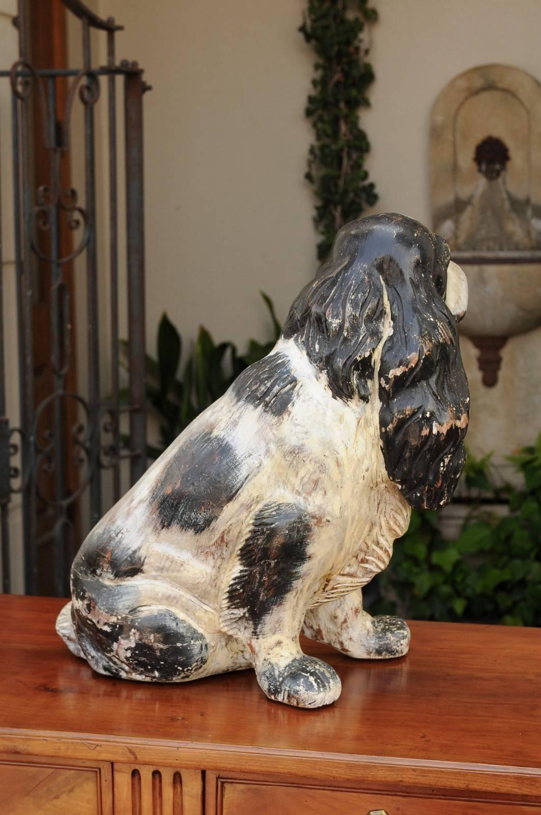 Wood English Carved and Painted Spaniel Dog Sculpture, circa 1920 For Sale