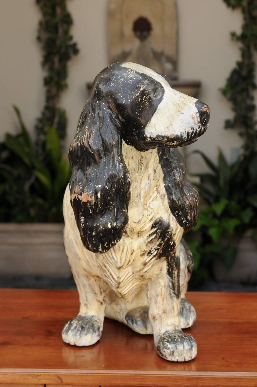 English Carved and Painted Spaniel Dog Sculpture, circa 1920 For Sale 1