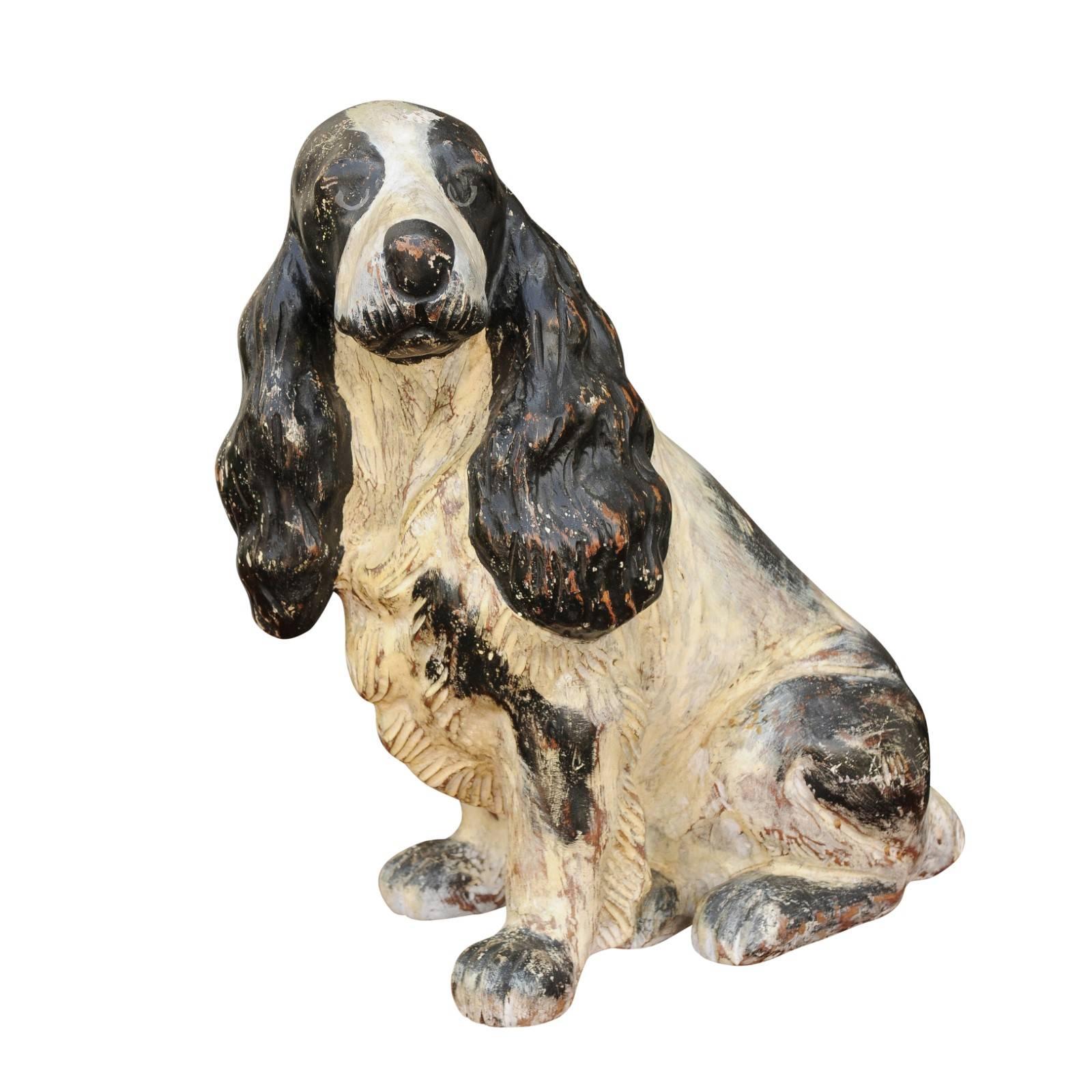 English Carved and Painted Spaniel Dog Sculpture, circa 1920 For Sale