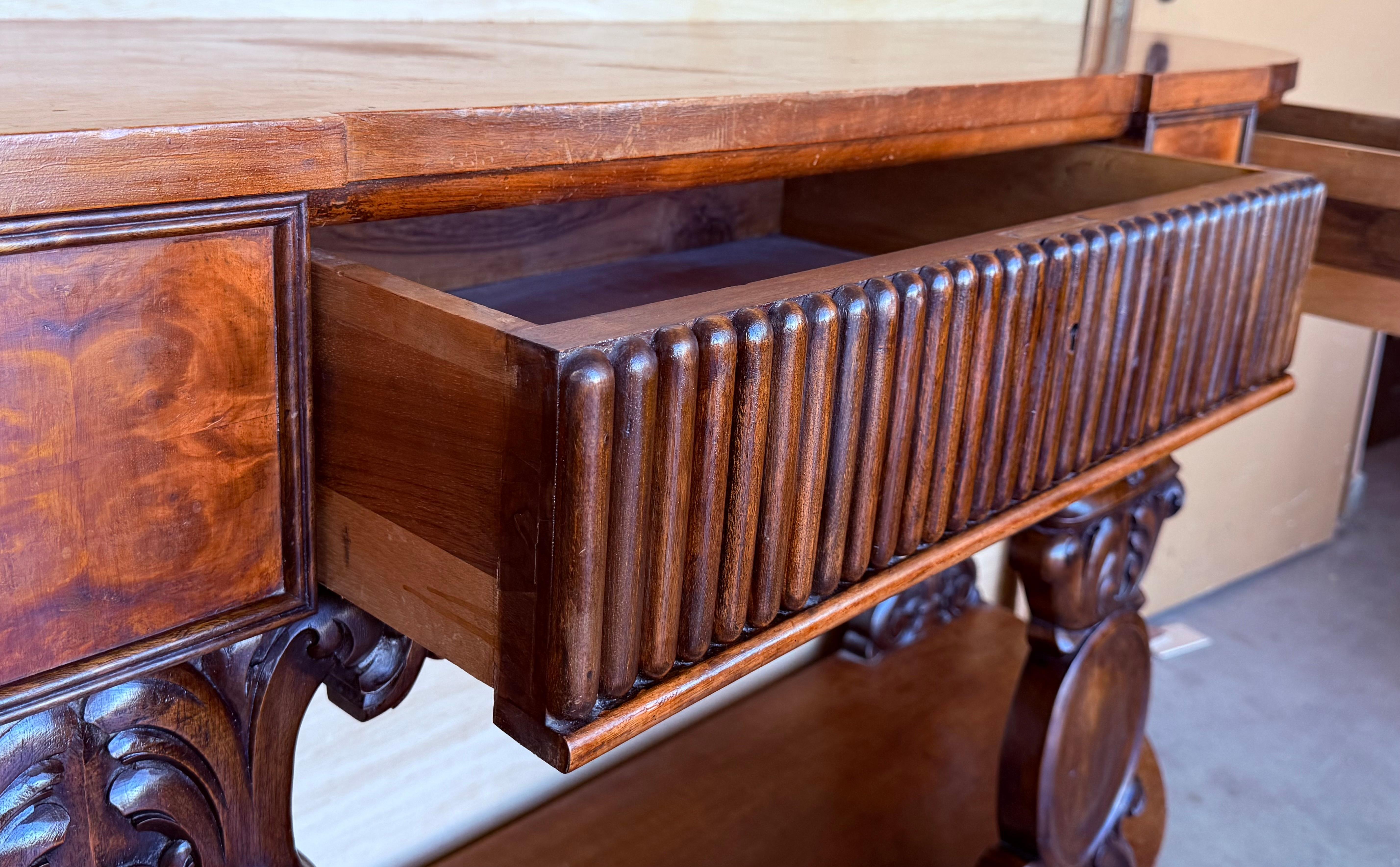 English Carved Console with Book-matched Veneer and Three Drawers For Sale 6