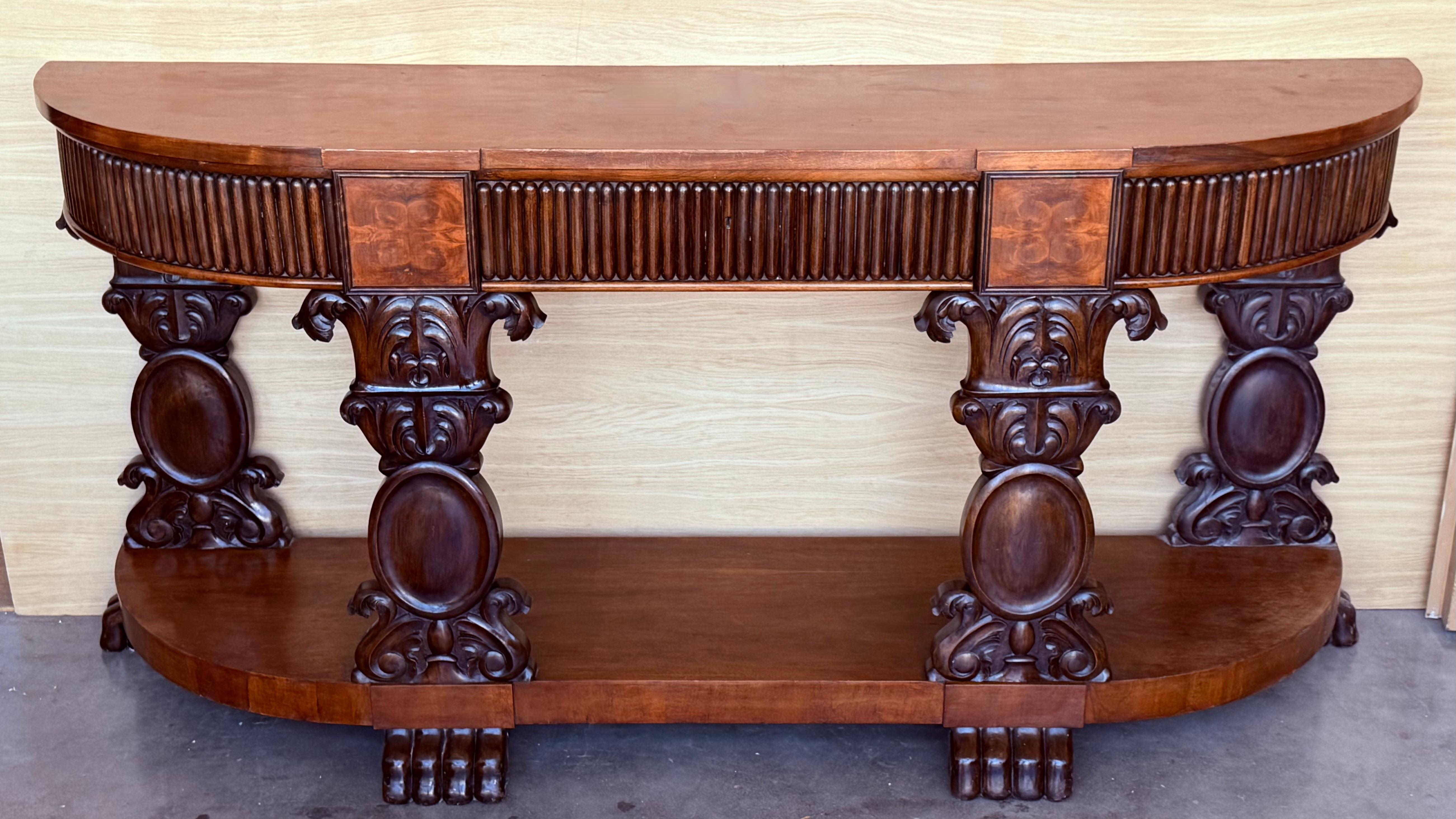 George IV English Carved Console with Book-matched Veneer and Three Drawers For Sale