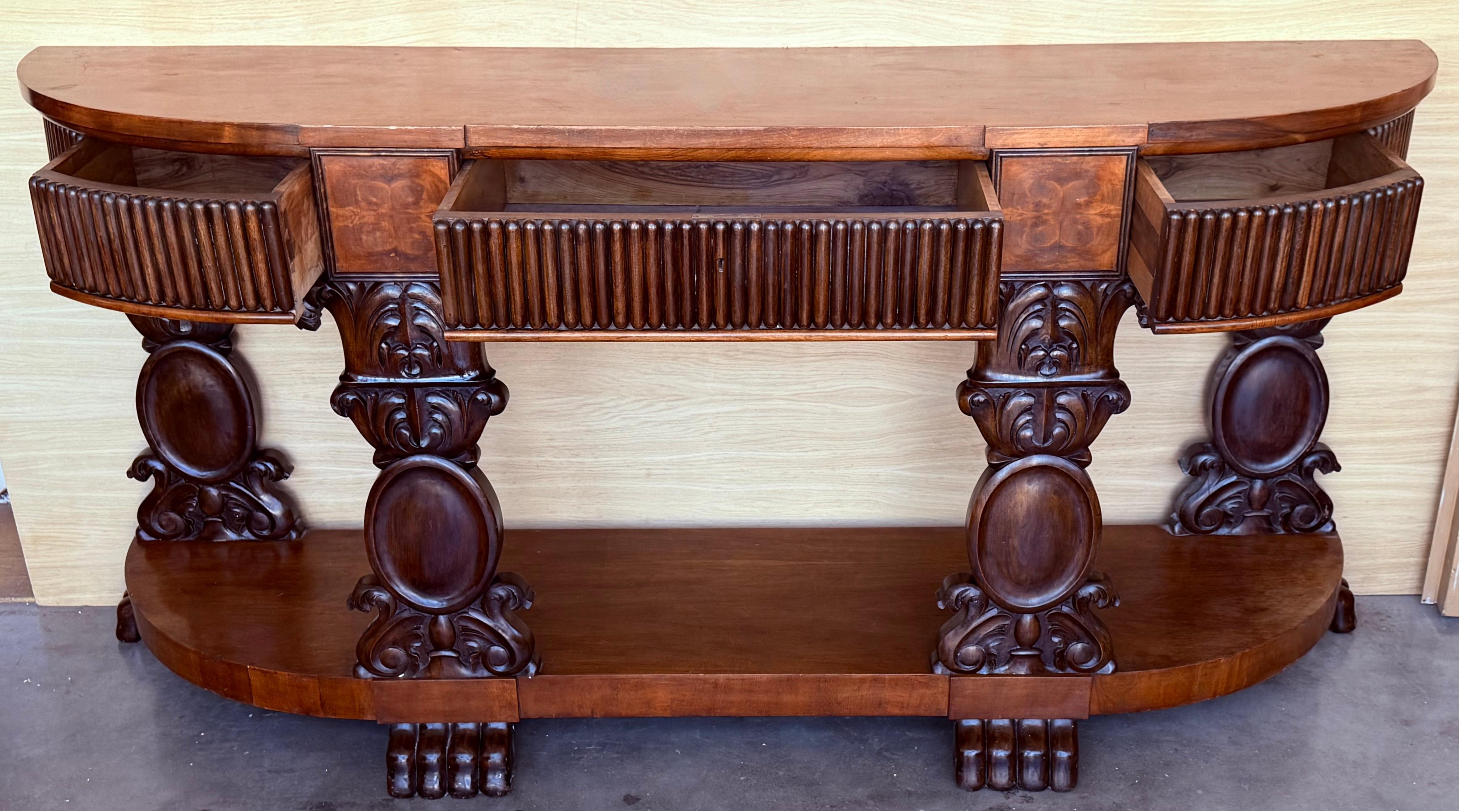 19th Century English Carved Console with Book-matched Veneer and Three Drawers For Sale