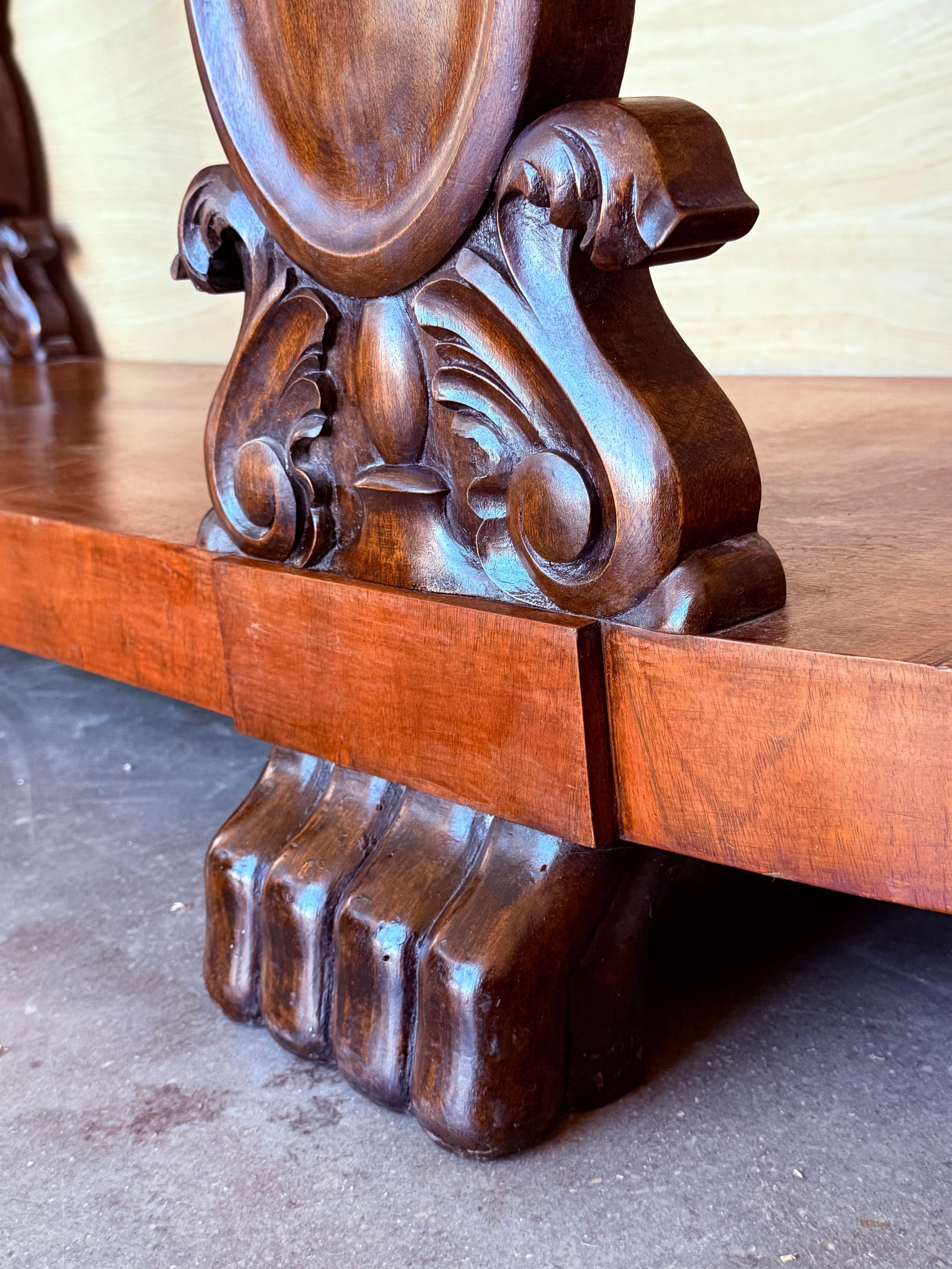 Walnut English Carved Console with Book-matched Veneer and Three Drawers For Sale