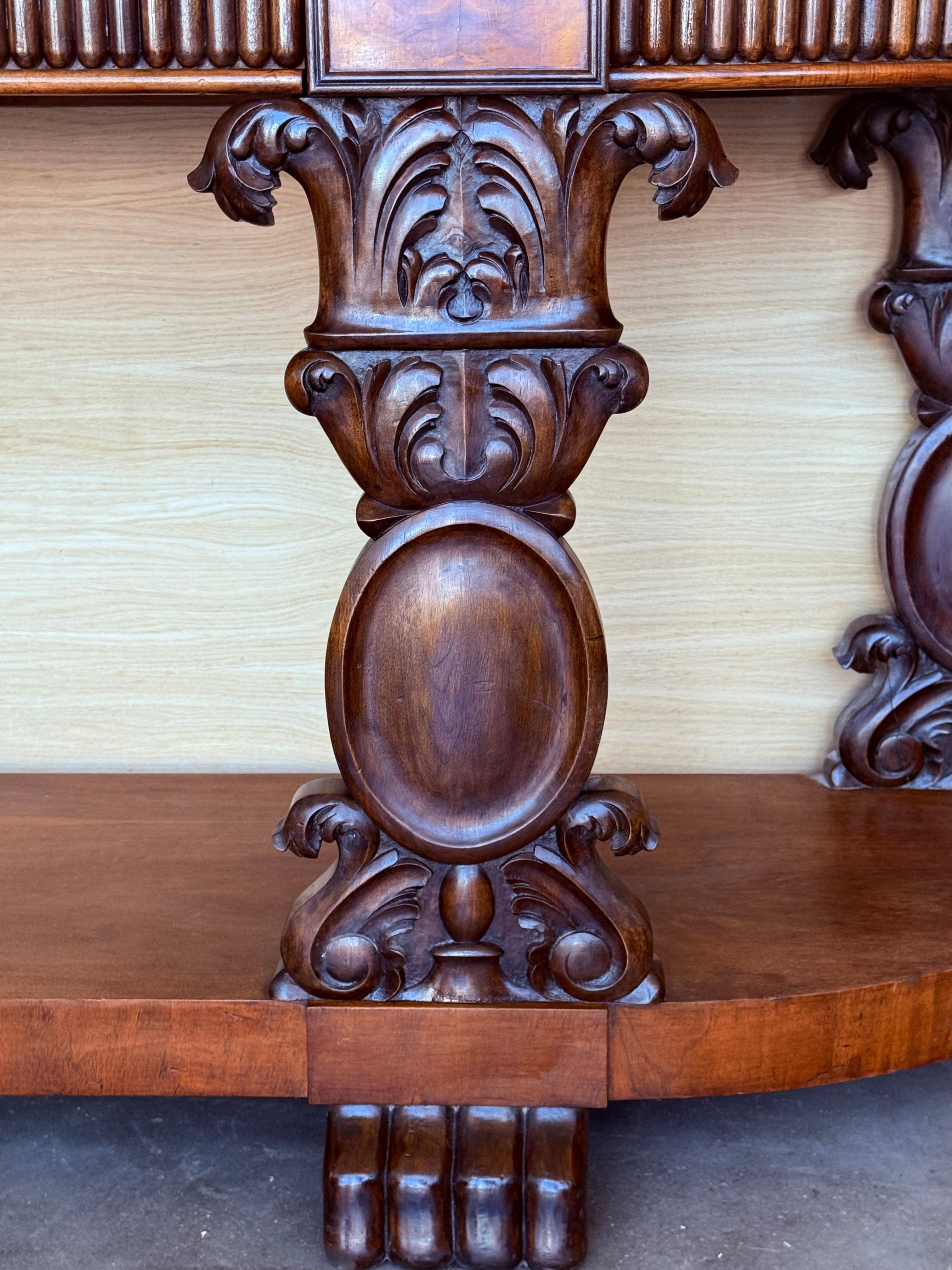 English Carved Console with Book-matched Veneer and Three Drawers For Sale 1
