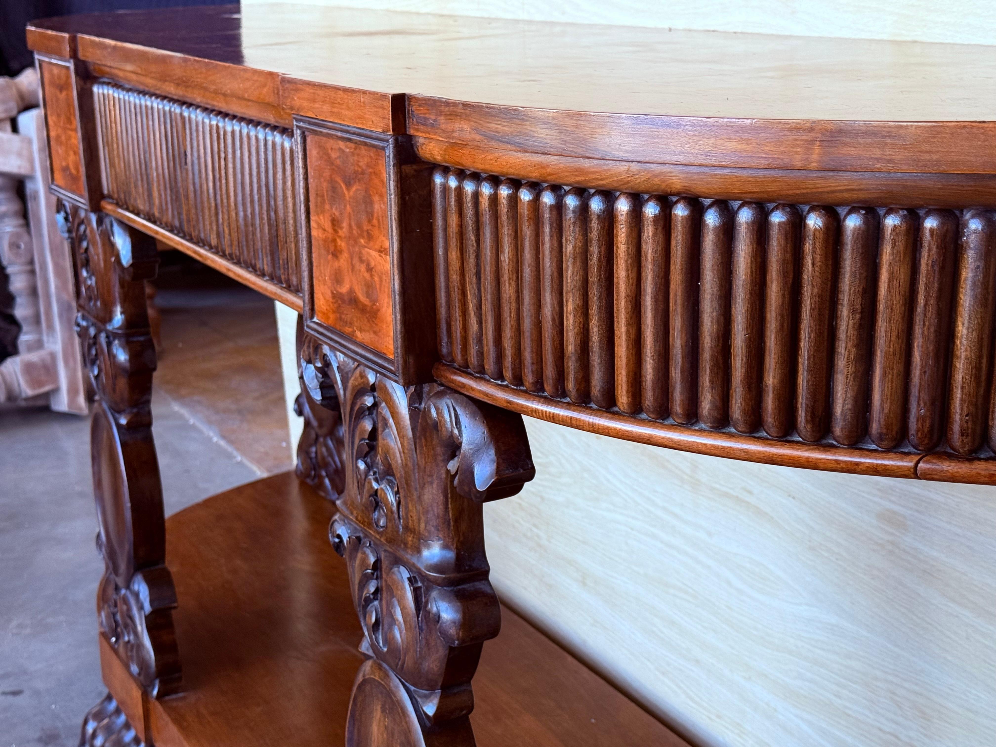 English Carved Console with Book-matched Veneer and Three Drawers For Sale 2