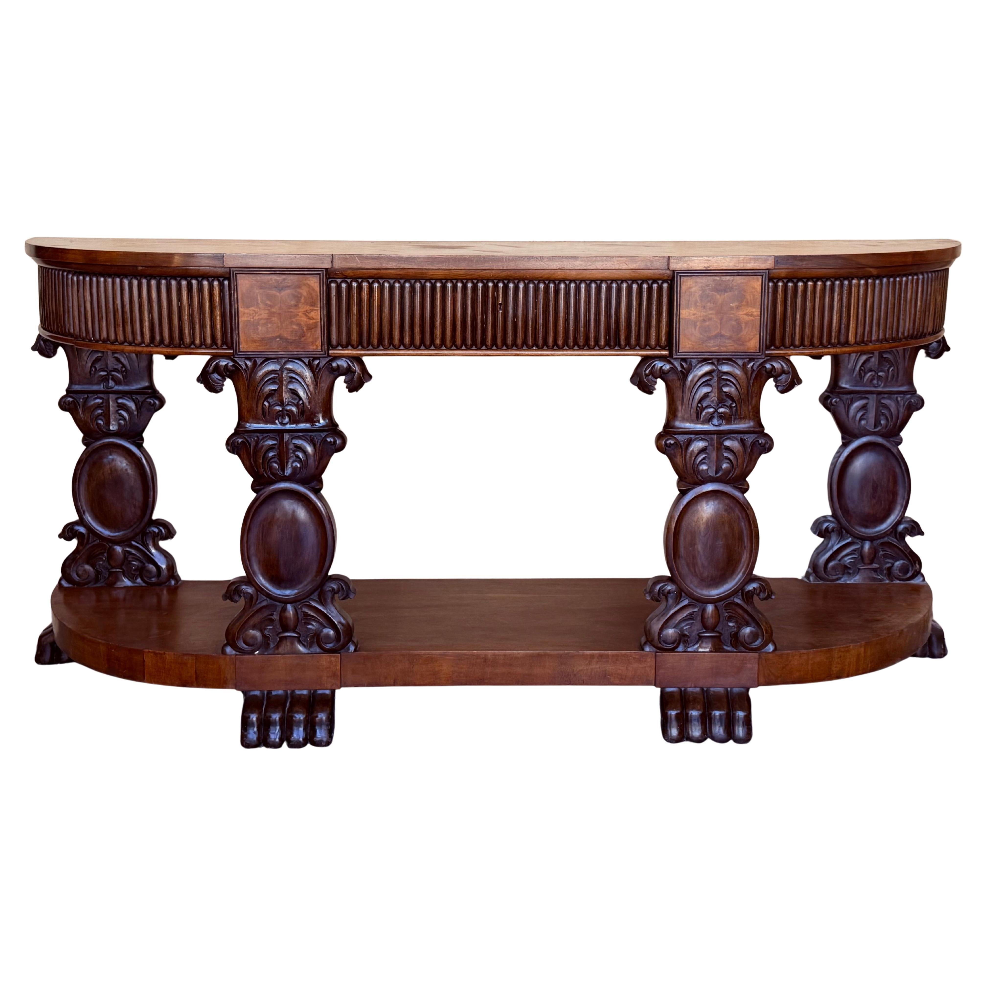 English Carved Console with Book-matched Veneer and Three Drawers For Sale