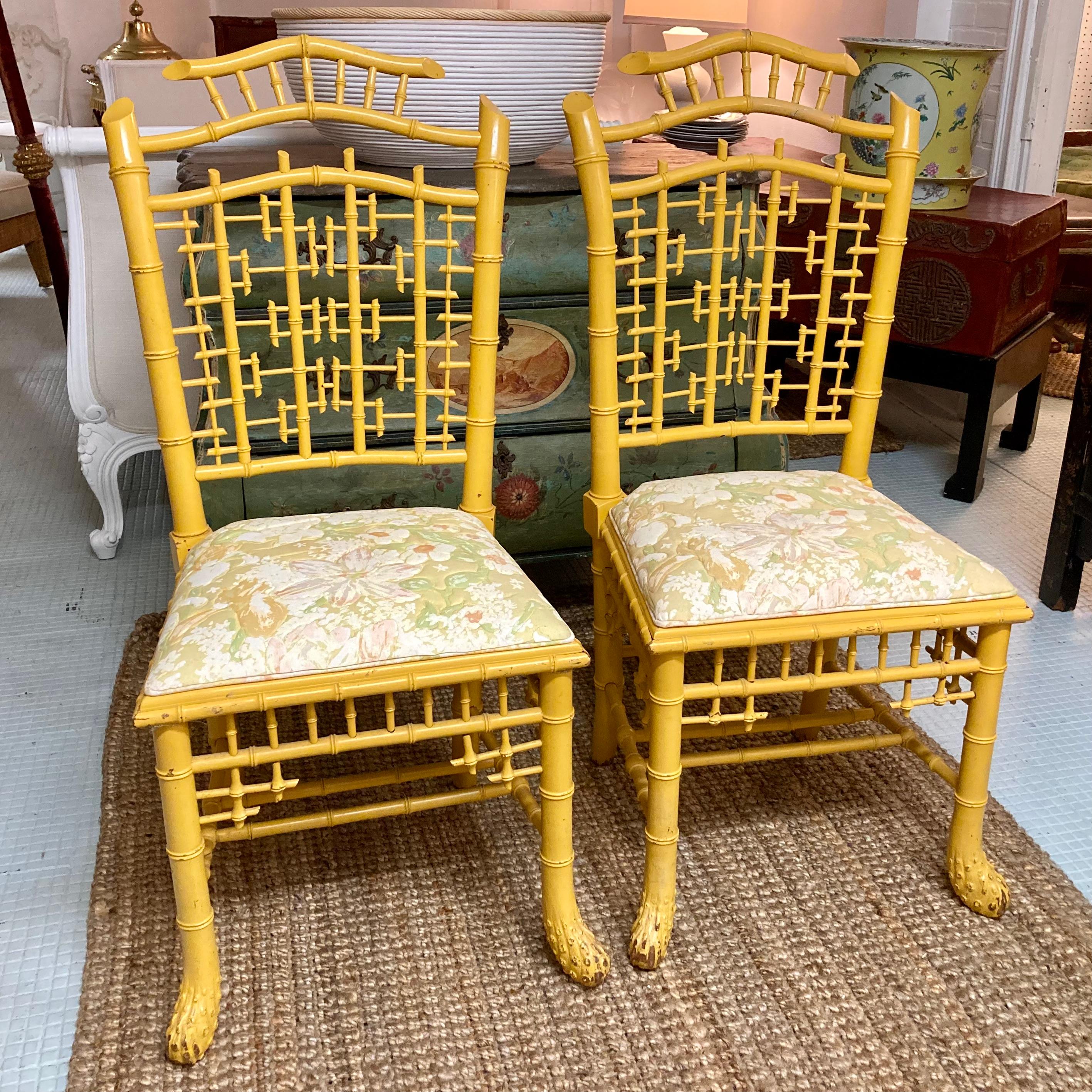 Other English Carved Faux Bamboo Side Chairs in Yellow Finish, a Pair For Sale