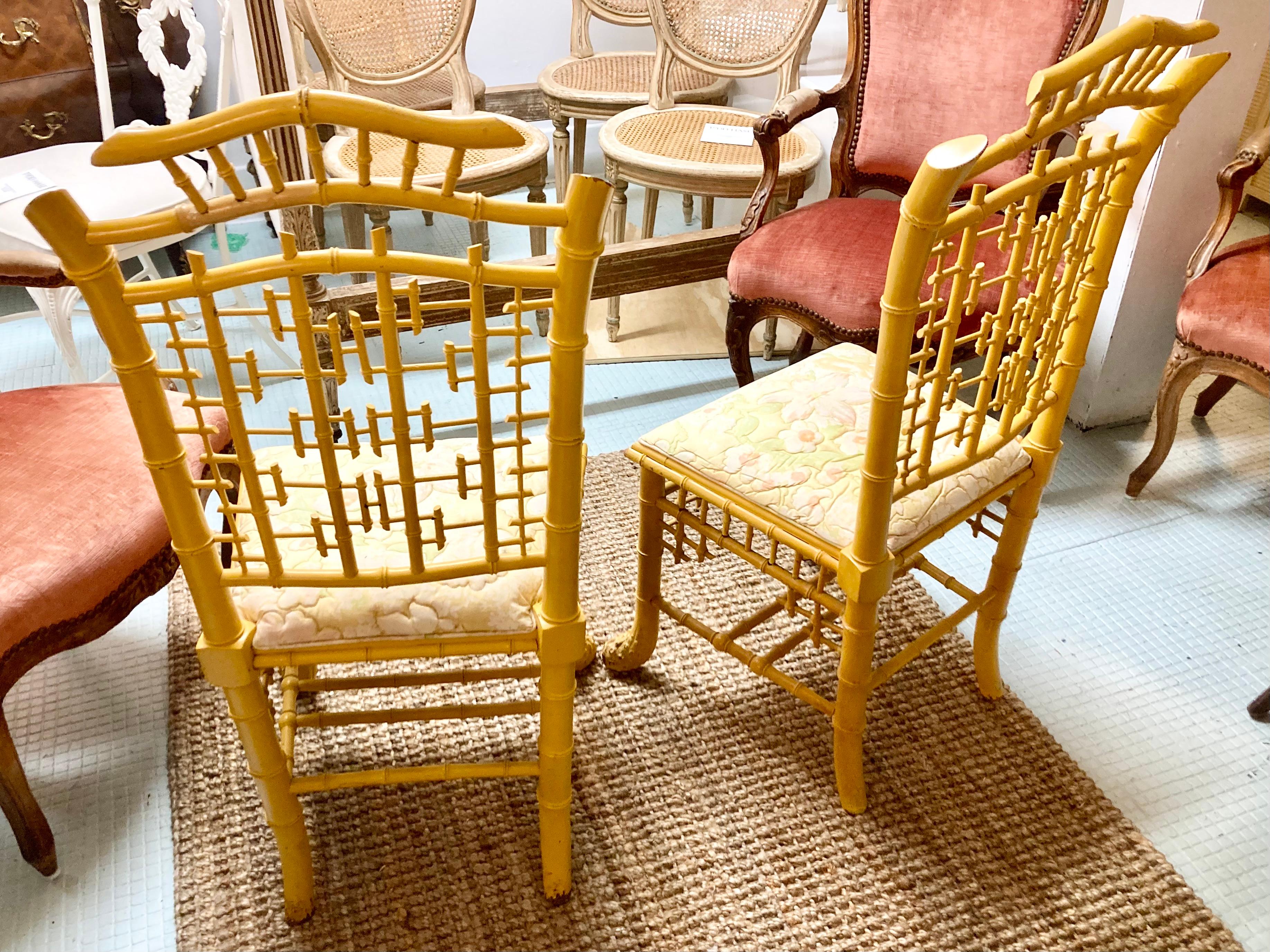 English Carved Faux Bamboo Side Chairs in Yellow Finish, a Pair In Good Condition For Sale In Los Angeles, CA