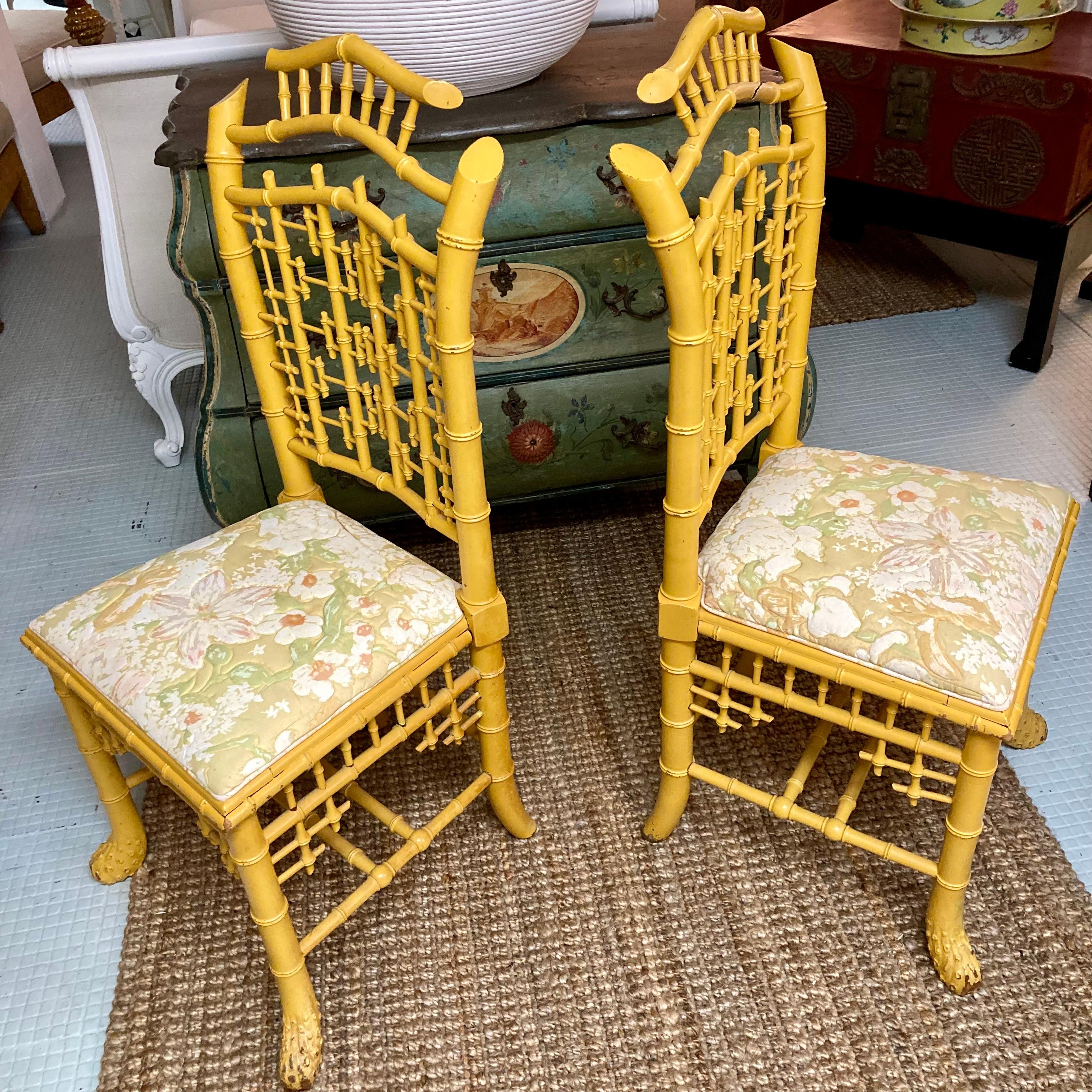 19th Century English Carved Faux Bamboo Side Chairs in Yellow Finish, a Pair For Sale