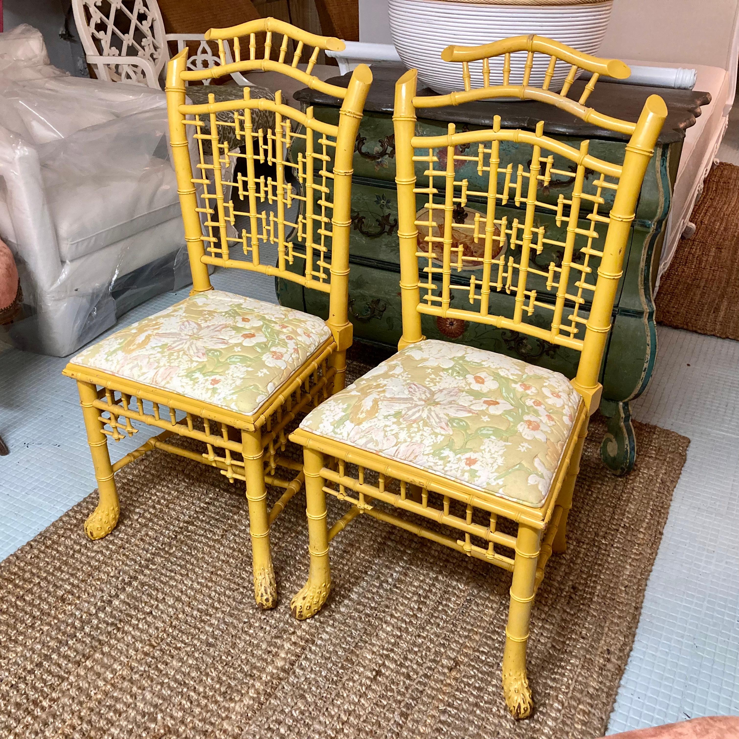 English Carved Faux Bamboo Side Chairs in Yellow Finish, a Pair For Sale 1