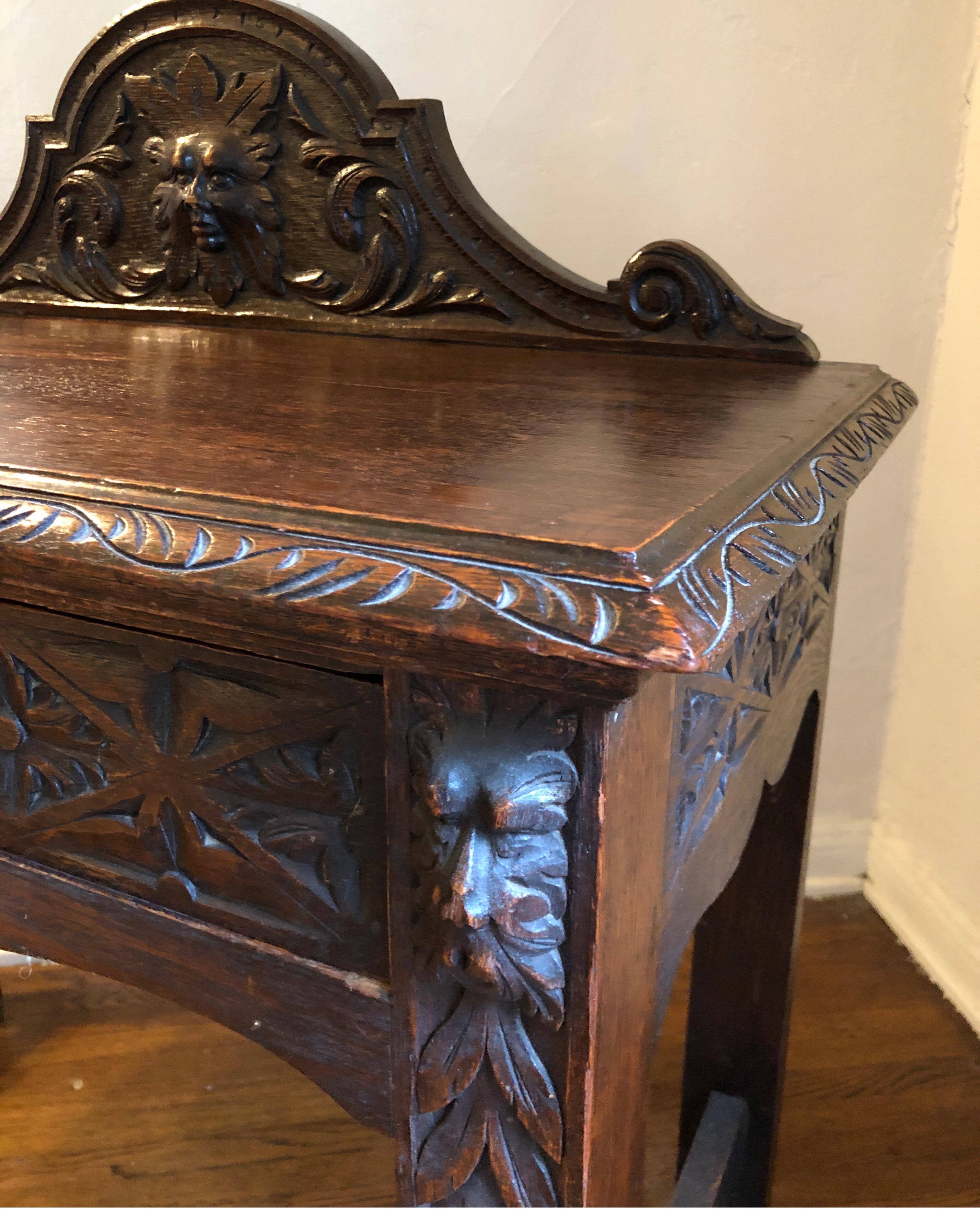 19th Century English Carved Green Man Oak Hall / Entry Table, circa 1890