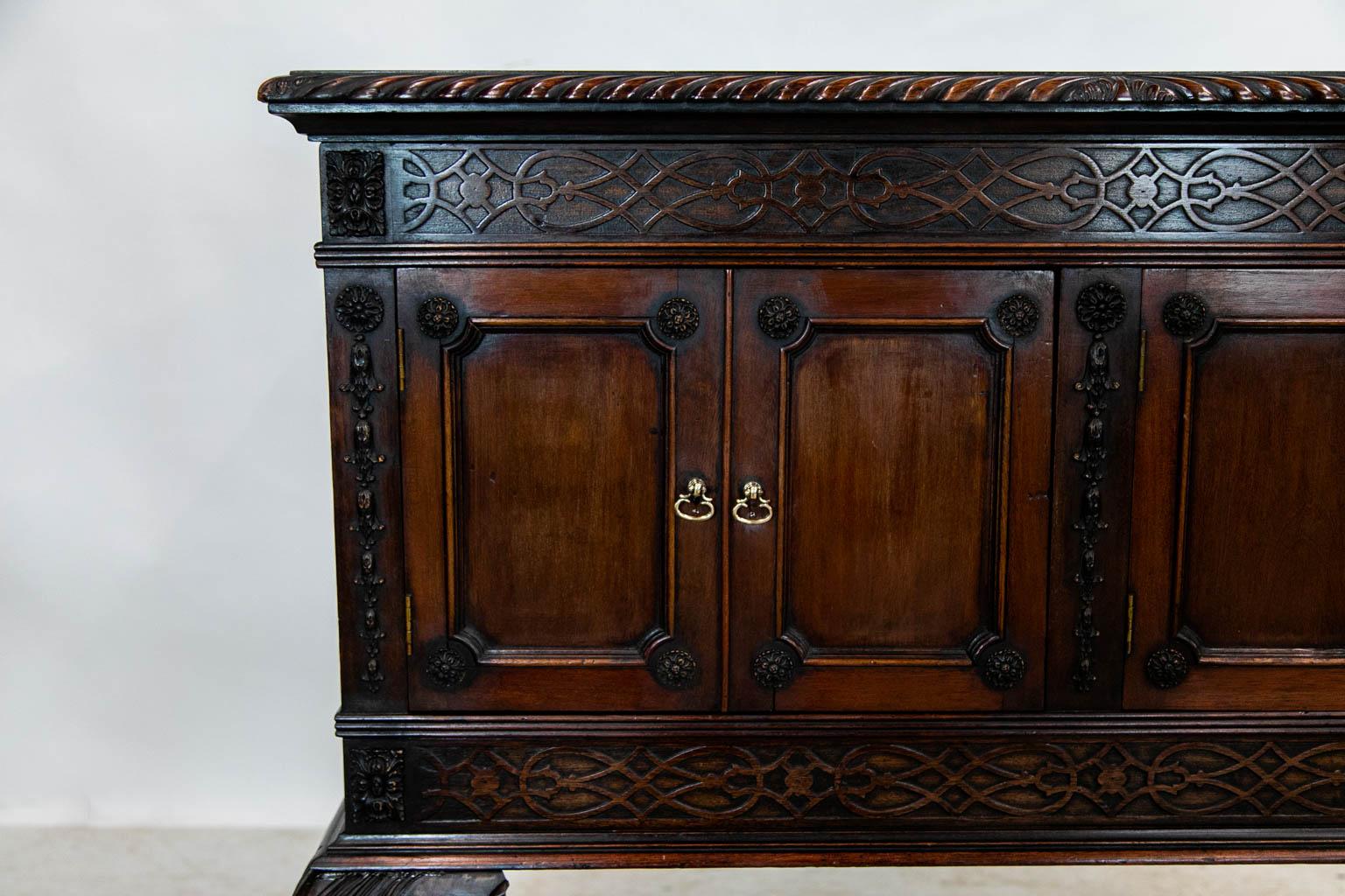 English Carved Mahogany Serving Cabinet  In Good Condition For Sale In Wilson, NC