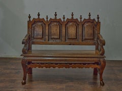 English Carved Oak Bench with Finials and Shaped Apron, 19th Century