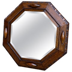 English Carved Oak Beveled Wall Mirror Beaded Jacobean Octagon, circa 1920