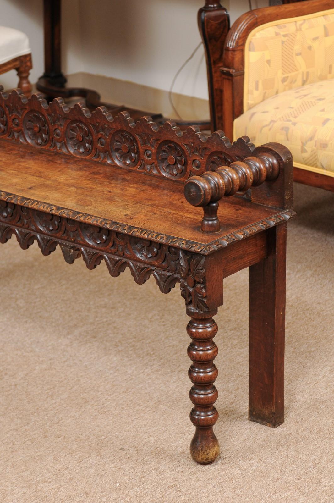 English Carved Oak Bobbin Turned Hall Bench, circa 1890 3