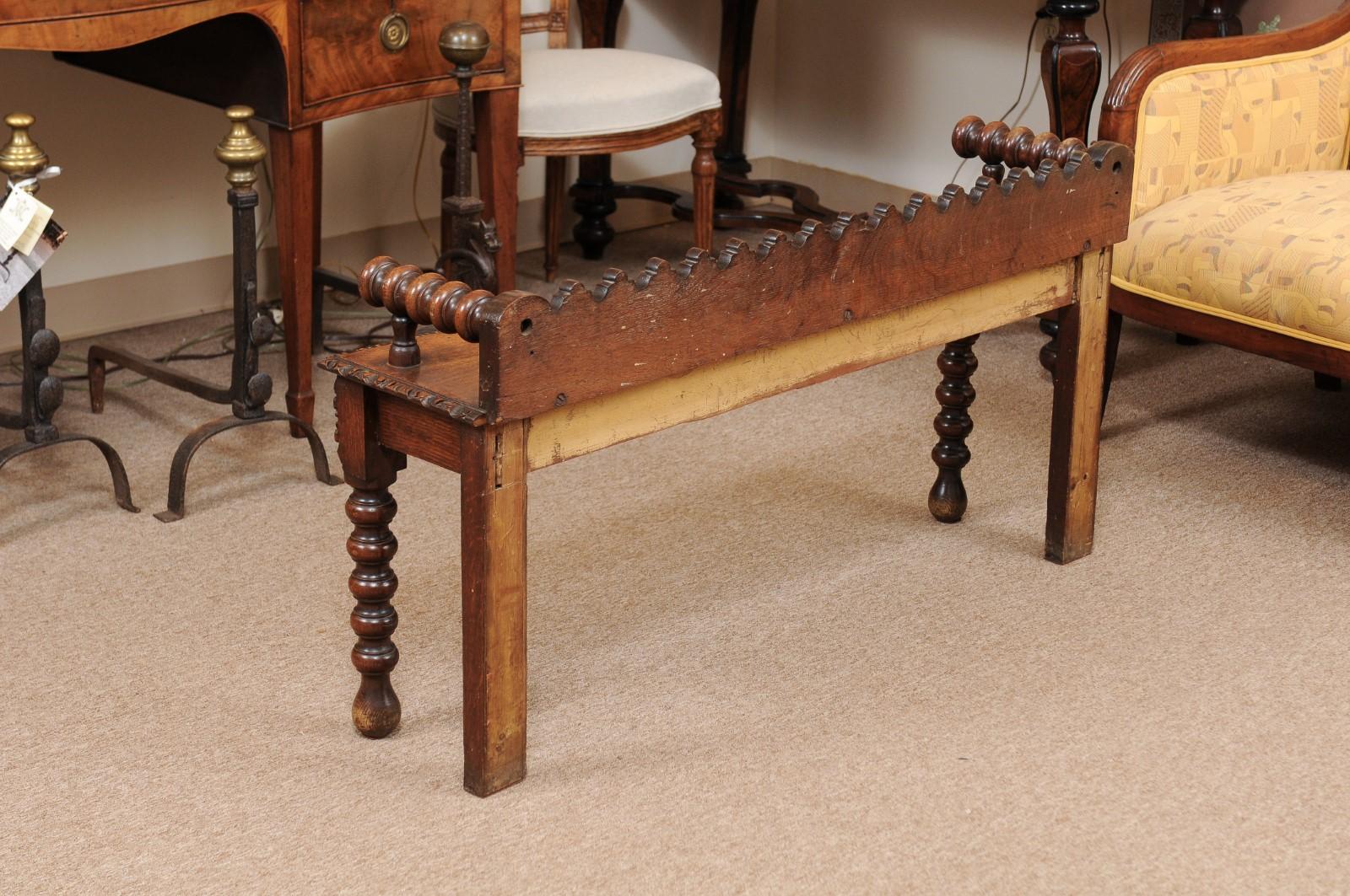 19th Century English Carved Oak Bobbin Turned Hall Bench, circa 1890