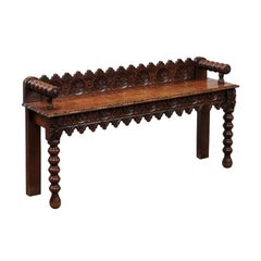 Antique English Carved Oak Bobbin Turned Hall Bench, circa 1890