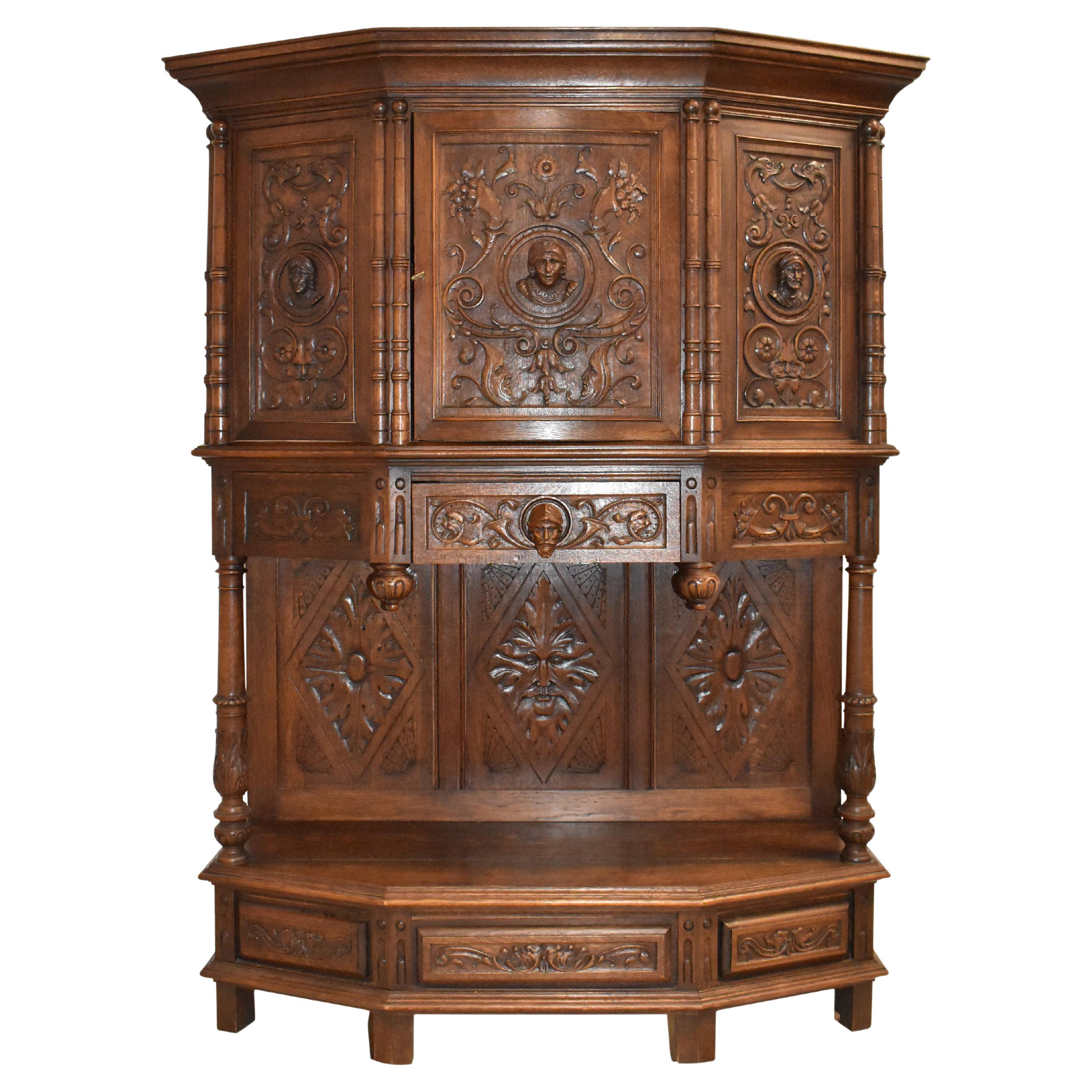 English Carved Oak Breakfront Cabinet, circa 1900 For Sale