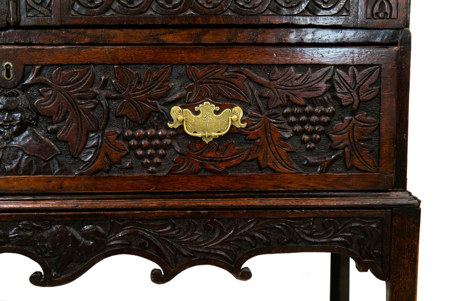 Hand-Carved English Carved Oak Cabinet on Stand For Sale