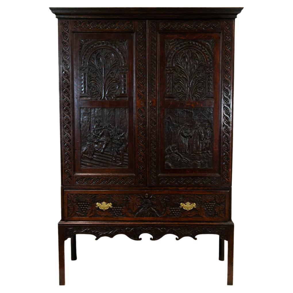 English Carved Oak Cabinet on Stand For Sale