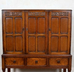 English Carved Oak Cupboard Sideboard Credenza Cabinet