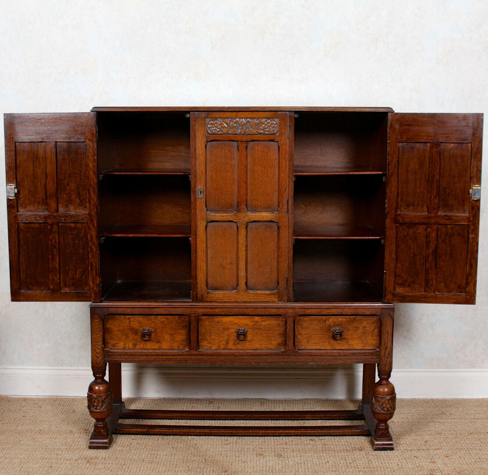 20th Century English Carved Oak Cupboard Sideboard Credenza Cabinet For Sale