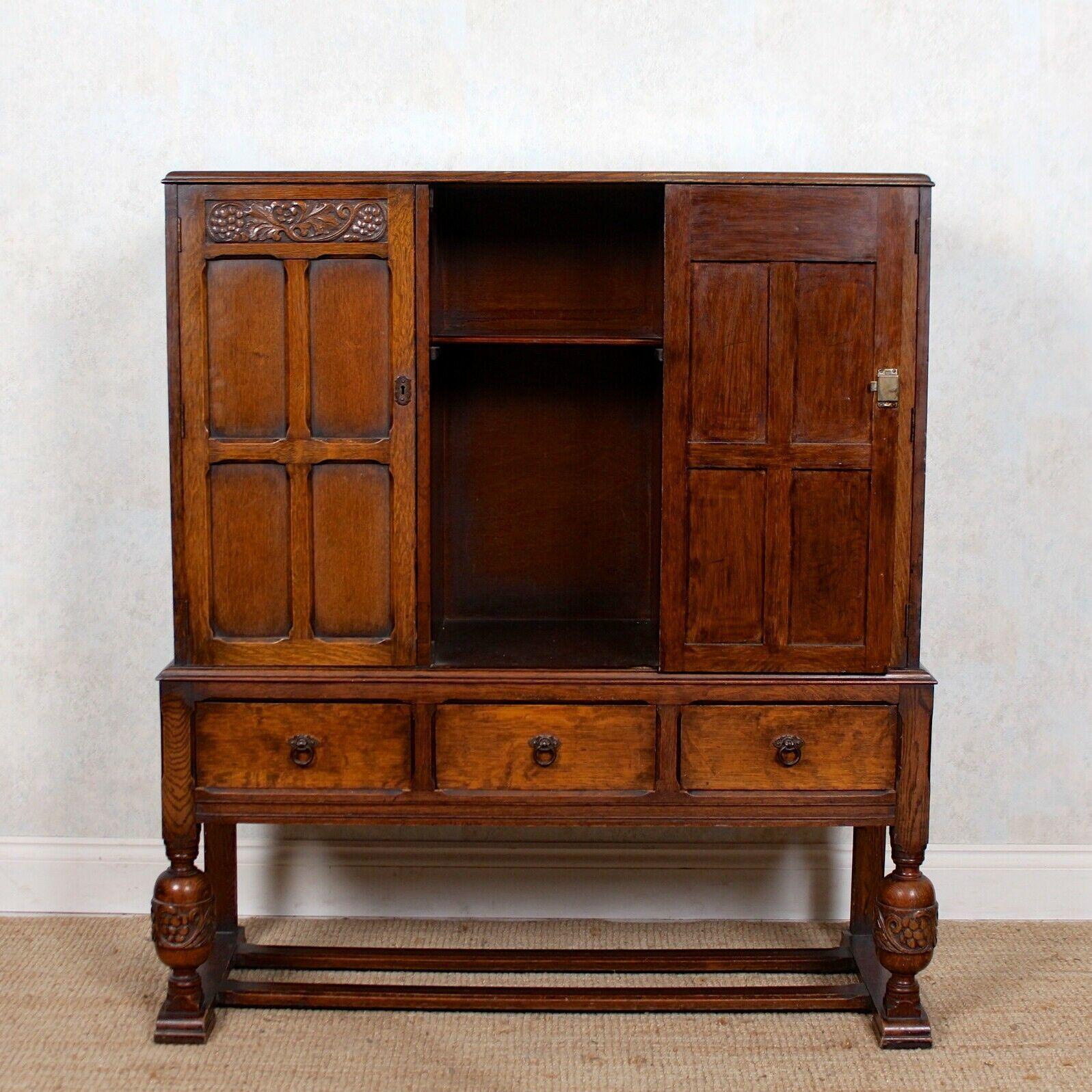 English Carved Oak Cupboard Sideboard Credenza Cabinet For Sale 1