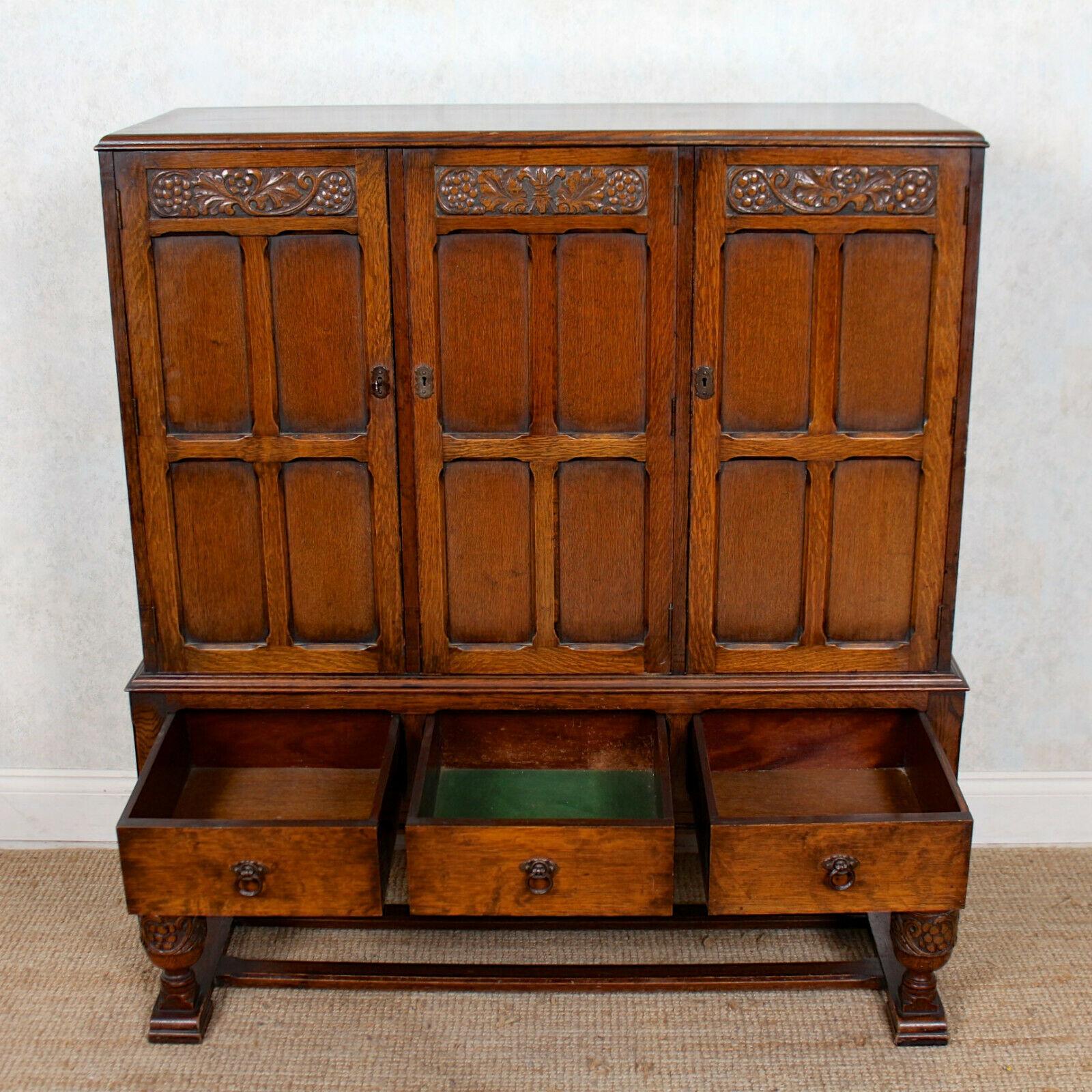 English Carved Oak Cupboard Sideboard Credenza Cabinet For Sale 3