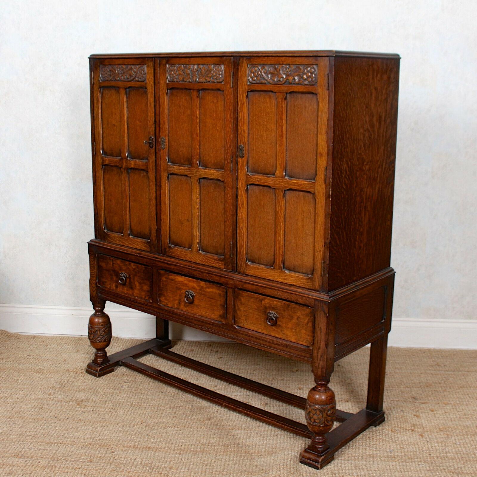 English Carved Oak Cupboard Sideboard Credenza Cabinet For Sale 4