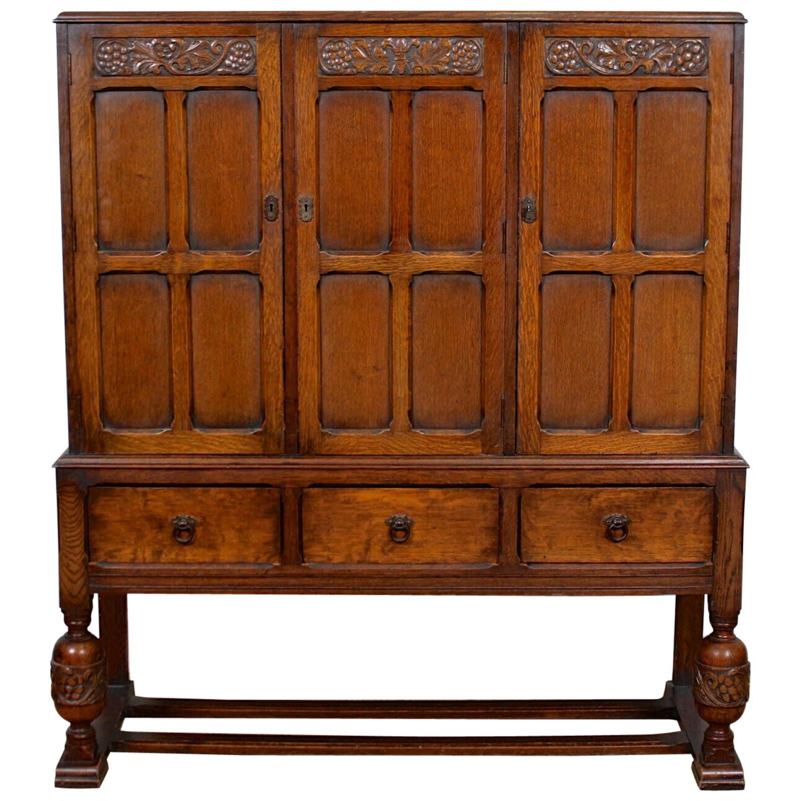 English Carved Oak Cupboard Sideboard Credenza Cabinet For Sale