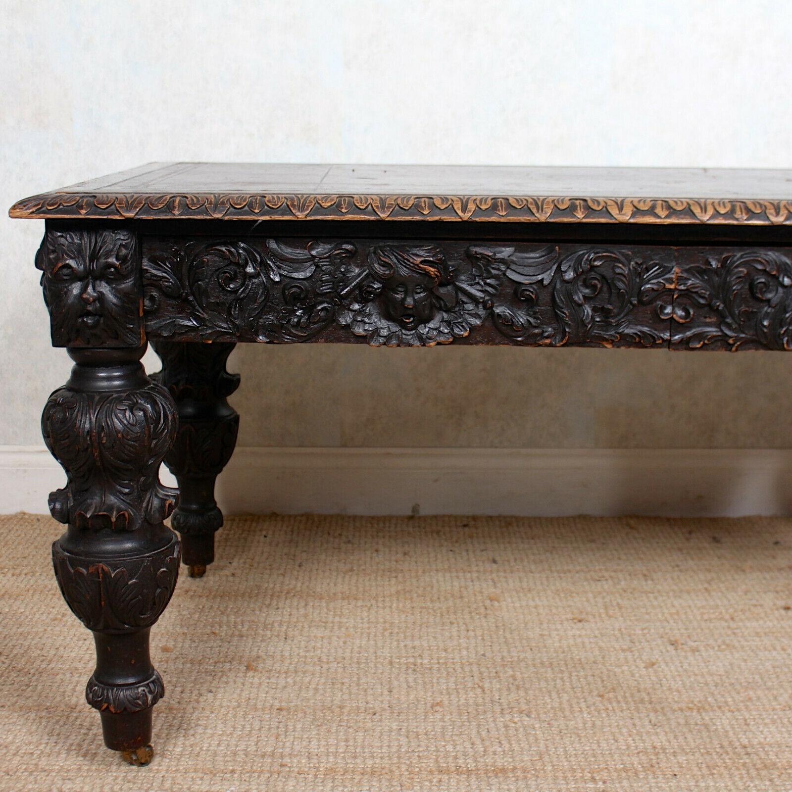 English Carved Oak Desk Library Table Gothic Jacobean Large Writing Table In Good Condition In Newcastle upon Tyne, GB