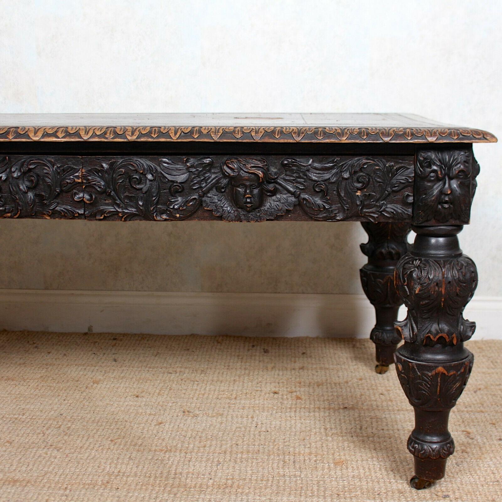 19th Century English Carved Oak Desk Library Table Gothic Jacobean Large Writing Table